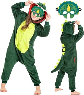 Onesie Tier Kostüm Schlafanzug- Mädchen Junge Onesie Kostüm Kinder mit Kapuze Maske- Tier Jumpsuit kostüm Kind Cosplay Karneval Halloween Fasching Party Outfit Kleidung Schlafoveral(Dinosaurier/Löwe)