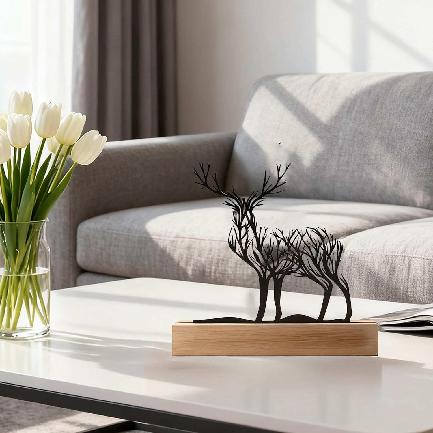 Black Deer Decor for Home Metal Reindeer Tree of Life Decor for Living Room Small Table Decor Modern Indoor Holiday Figurines Bedroom Decoration Rustic Desk Ornament Farmhouse Mantle Sign