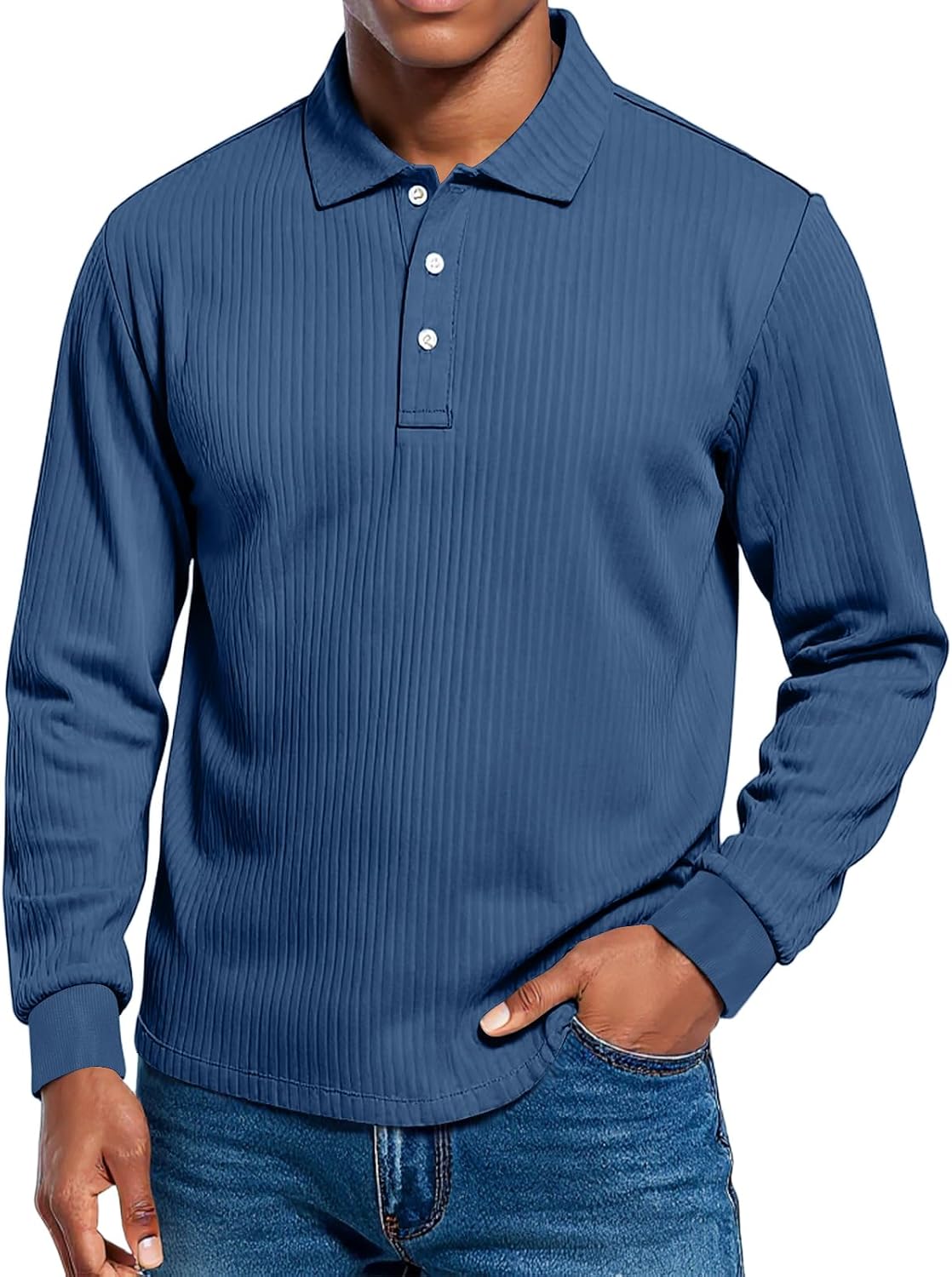 Ymosrh Men's Casual Polo Shirt for Men, Long Sleeve Casual Basic Textured Dress Collar T-Shirt, S-3XL