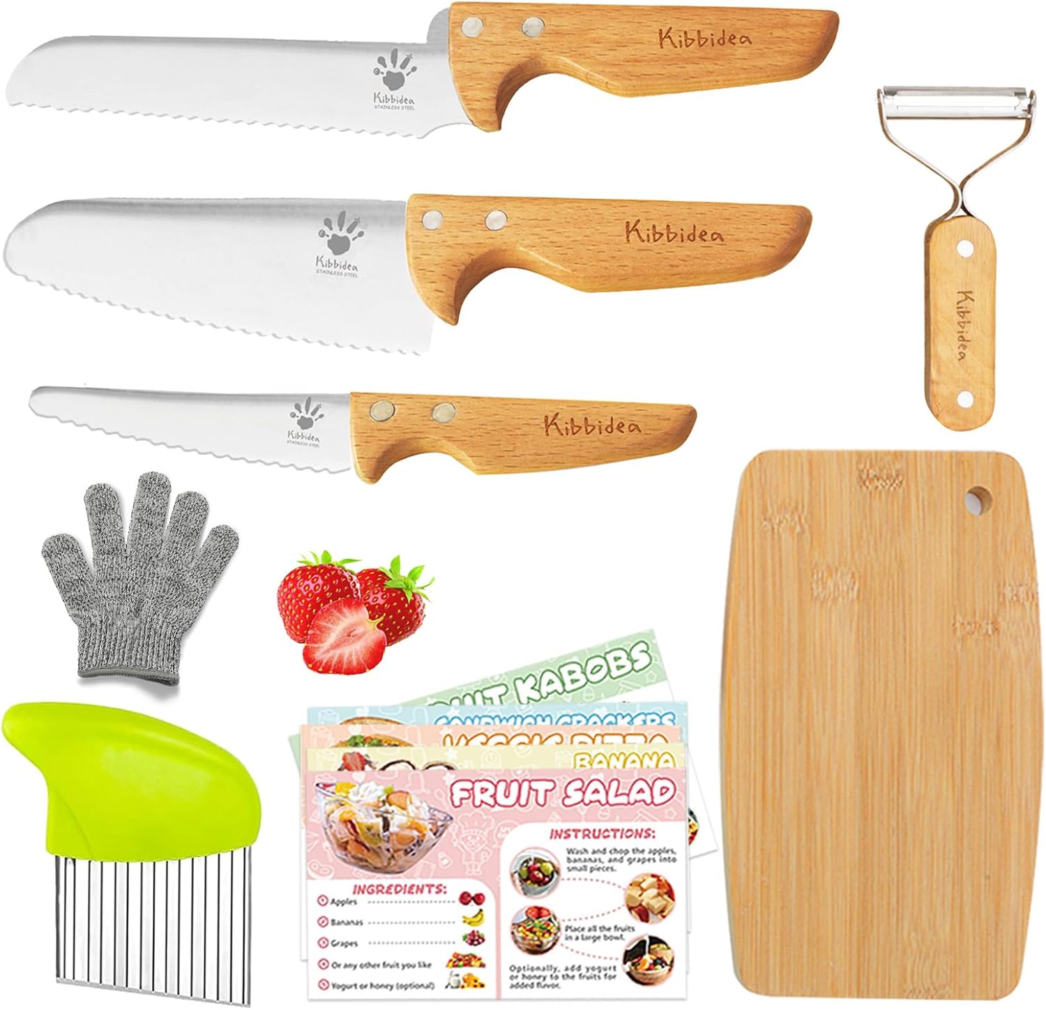 Kibbidea Kids Safe Knives for Real Cooking, 11-Piece Kids Cutting Board and Kitchen Knife Set, BPA-free, Firm Grip, Serrated Child Friendly Chef Knives for Starter
