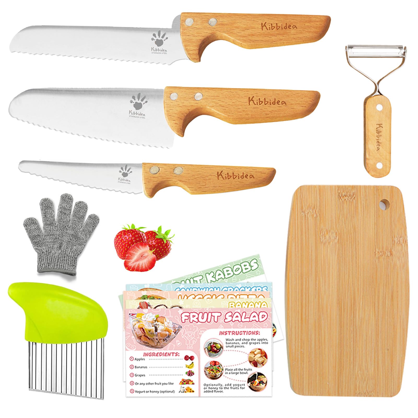 Kibbidea Kindermesser - kindersicheres 12 teiliges Kinder Küchenmesser Set. Sparschäler - rostfreier Edelstahl - Griffe aus Buchenholz - Schneidemesser für Kinder ab 3 (Holzgriff Set)