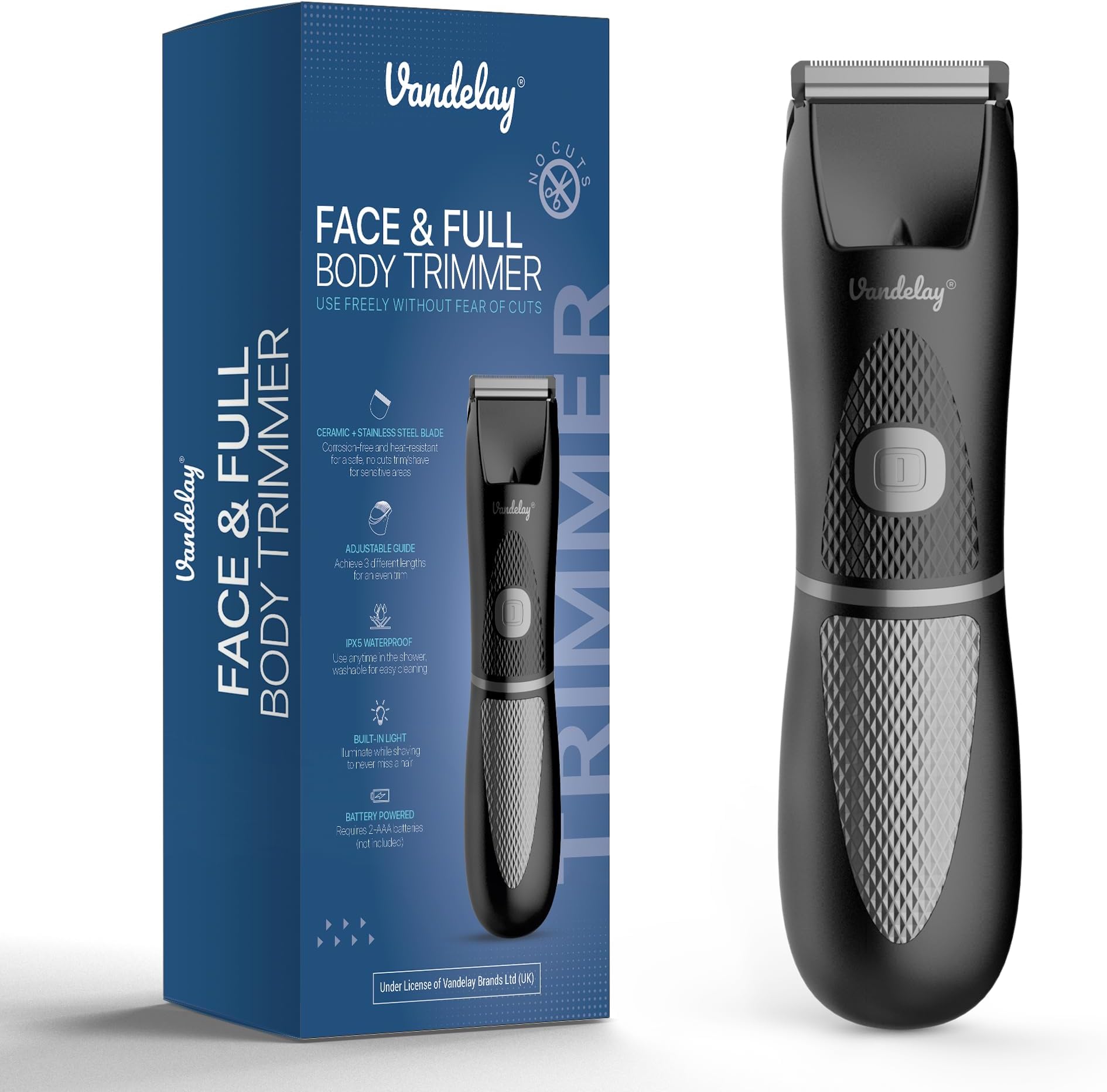 Vandelay Premium Men's Grooming Trimmer: Cordless, Waterproof, LED Spotlight, Sensitive Skin Technology - Ideal for Beard, Body, Private Part, Head, and Pubic Hair Grooming | Portable with AAA Battery Power and Secure Travel Lock - Easy 3-Second Activation
