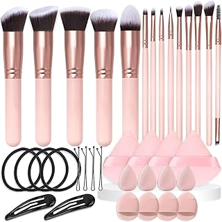 36 Pcs Makeup Brushes Set, 14 Premium Synthetic Face and Eye Brushes with Blender Sponges, Triangle Powder Puffs & Hair Clips, Professional Beauty Tool Kit for Foundation Blush Concealer, Pink