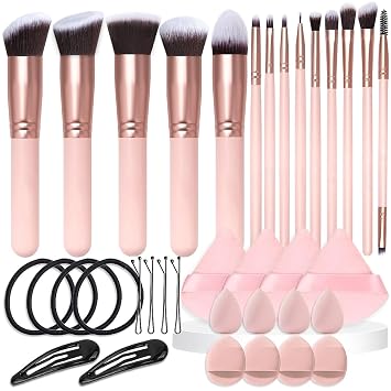 36 Pcs Makeup Brushes Set, 14 Premium Synthetic Face and Eye Brushes with Blender Sponges, Triangle Powder Puffs & Hair Clips, Professional Beauty Tool Kit for Foundation Blush Concealer, Pink