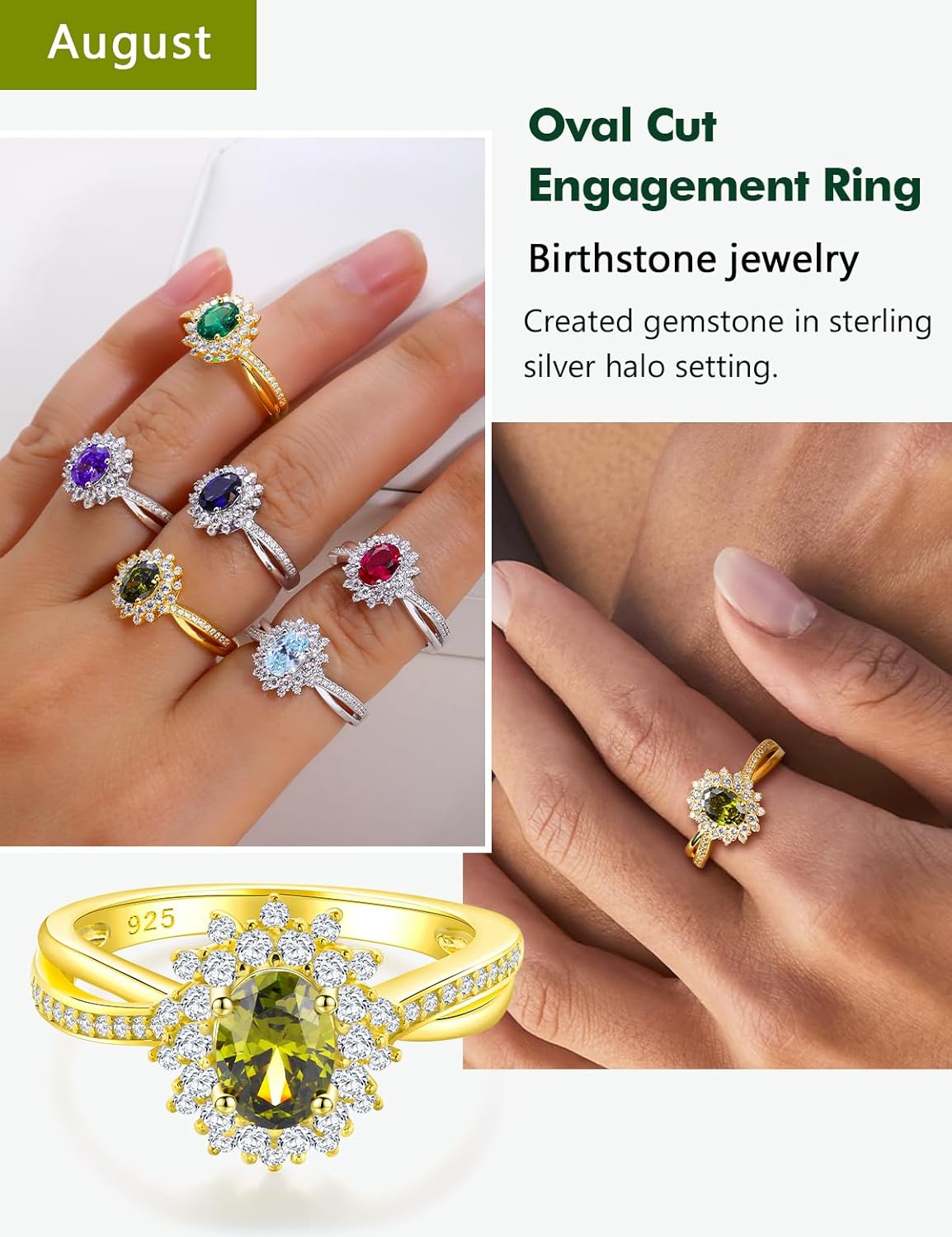 Oval Engagement Ring Sterling Silver/14K Gold Plated Sapphire/Emerald/Ruby/Aquamarine 2 Cttw Gemstone Halo Rings Split Shank Statement Rings for Women Size 6-10 - Image 3