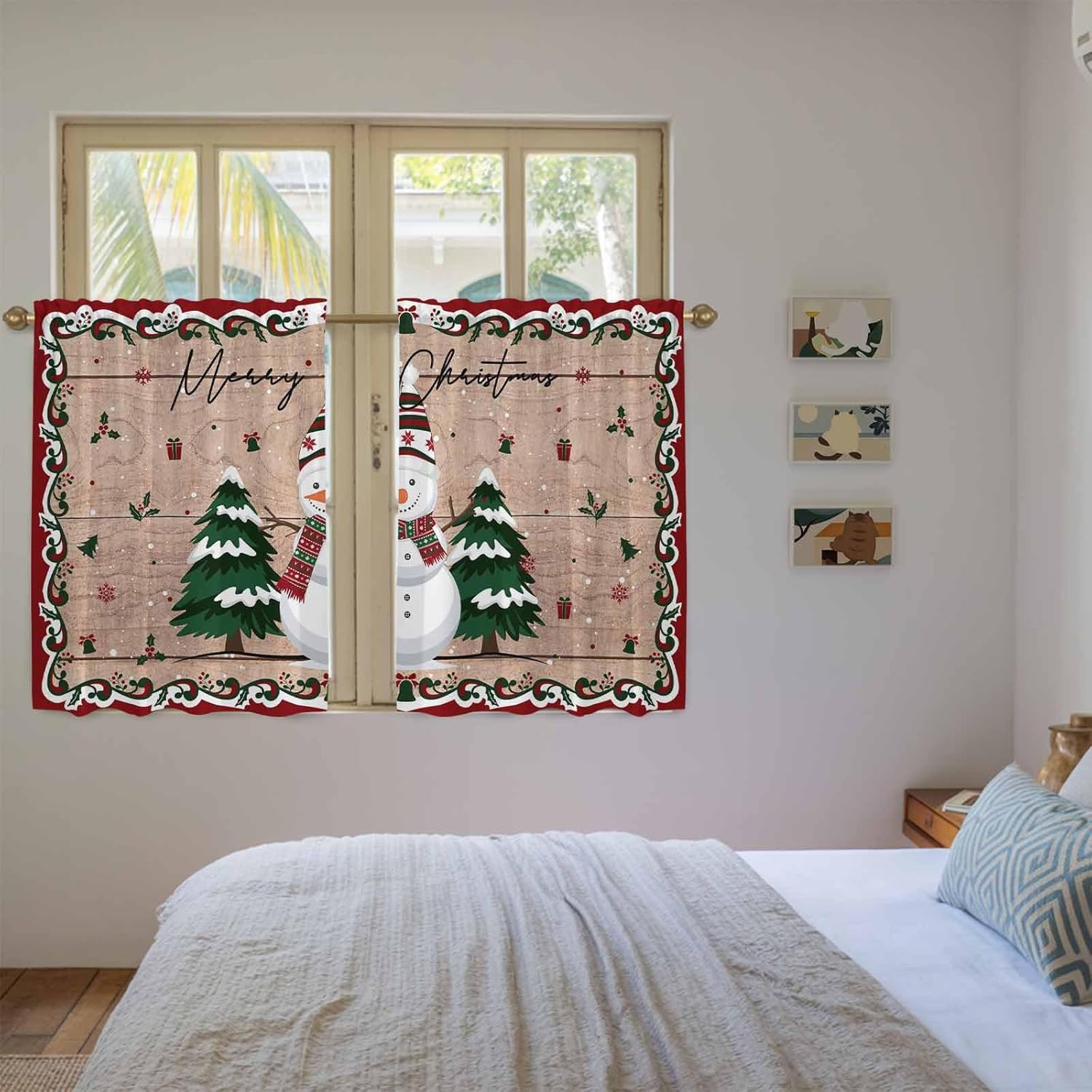 Christmas Snowman Kitchen Tier Curtains 45 Inch Long 2 Panel Set,Rod Pocket Short Window Treatment,Xmas Tree Snowflake Wooden Winter Curtains & Drapes for Bathroom Basement 27.5"W x 45"L