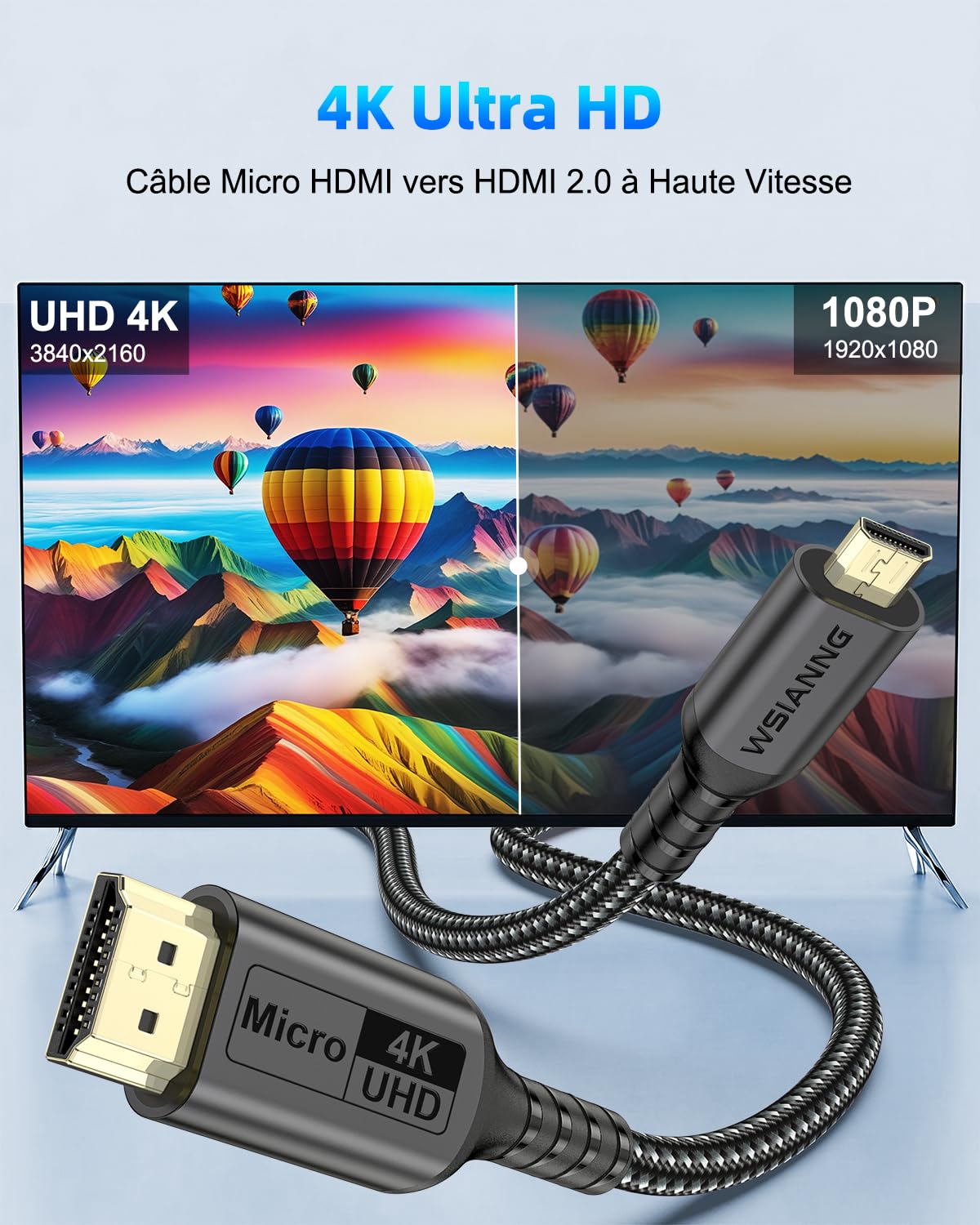 Câble Micro HDMI vers HDMI, 0.3m pour Streaming et Gaming, Câble Micro HDMI 2.0 avec 4K@60Hz, HDR, ARC et Dolby 3D Full HD, pour Moniteur, Caméras et Raspberry Pi 5/4
