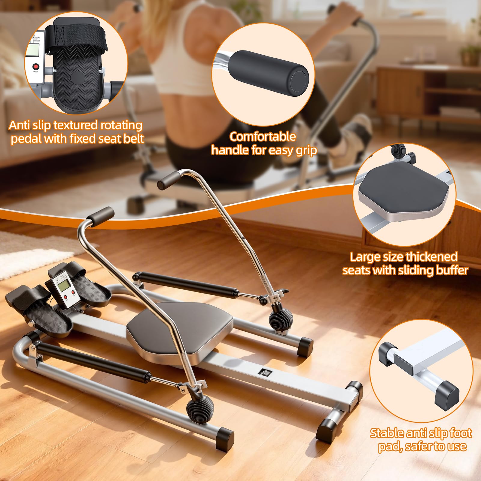 Rameur Pliable Appartement, Machine à Ramer à Vérin Hydraulique pour Musculation Maison, Appareil Musculation avec Moniteur LCD, Résistance Réglable 50kg, Siège Confortable, Charge 120kg
