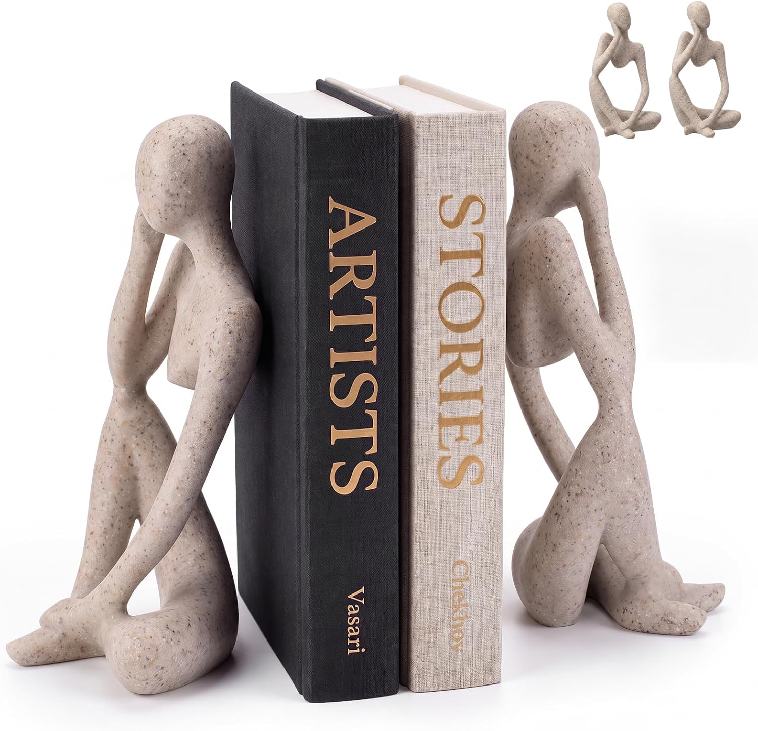 Mifoci 2 Pcs Heavy Duty Thinker Bookends for Shelves, 8.66 x 5.71 x 3.74 Inch Large Decorative Modern Sculpture Statue Abstract Sandstone Style Decor, Resin Bookend Thinker Holder for Book Lover Gift
