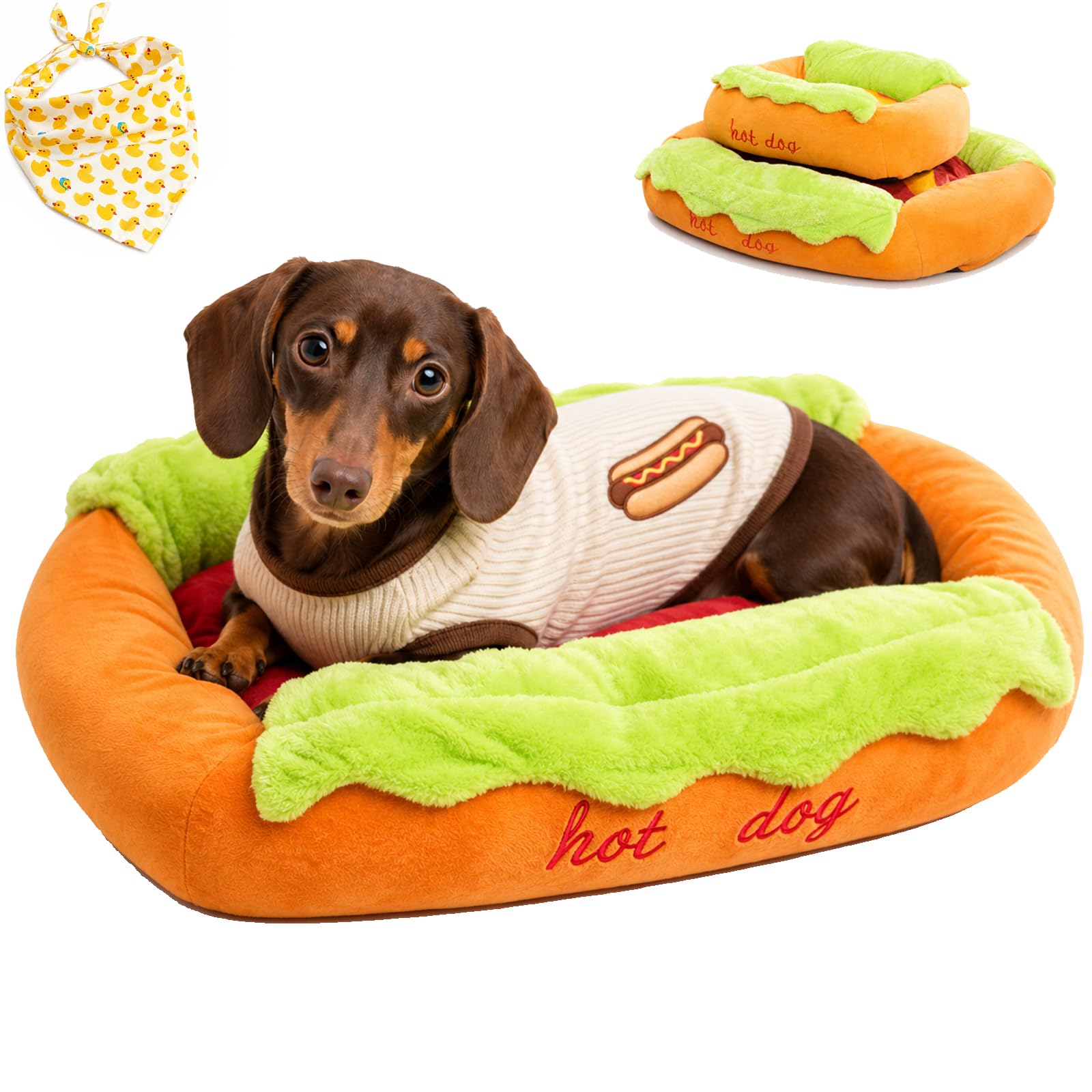 Generisch Łóżko hot dog dla jamnika, śliczny pluszowy hot dog kok z wyjmowaną podkładką do prania, gniazdo na sofę do użytku wewnątrz (łóżko dla hot dog, M)