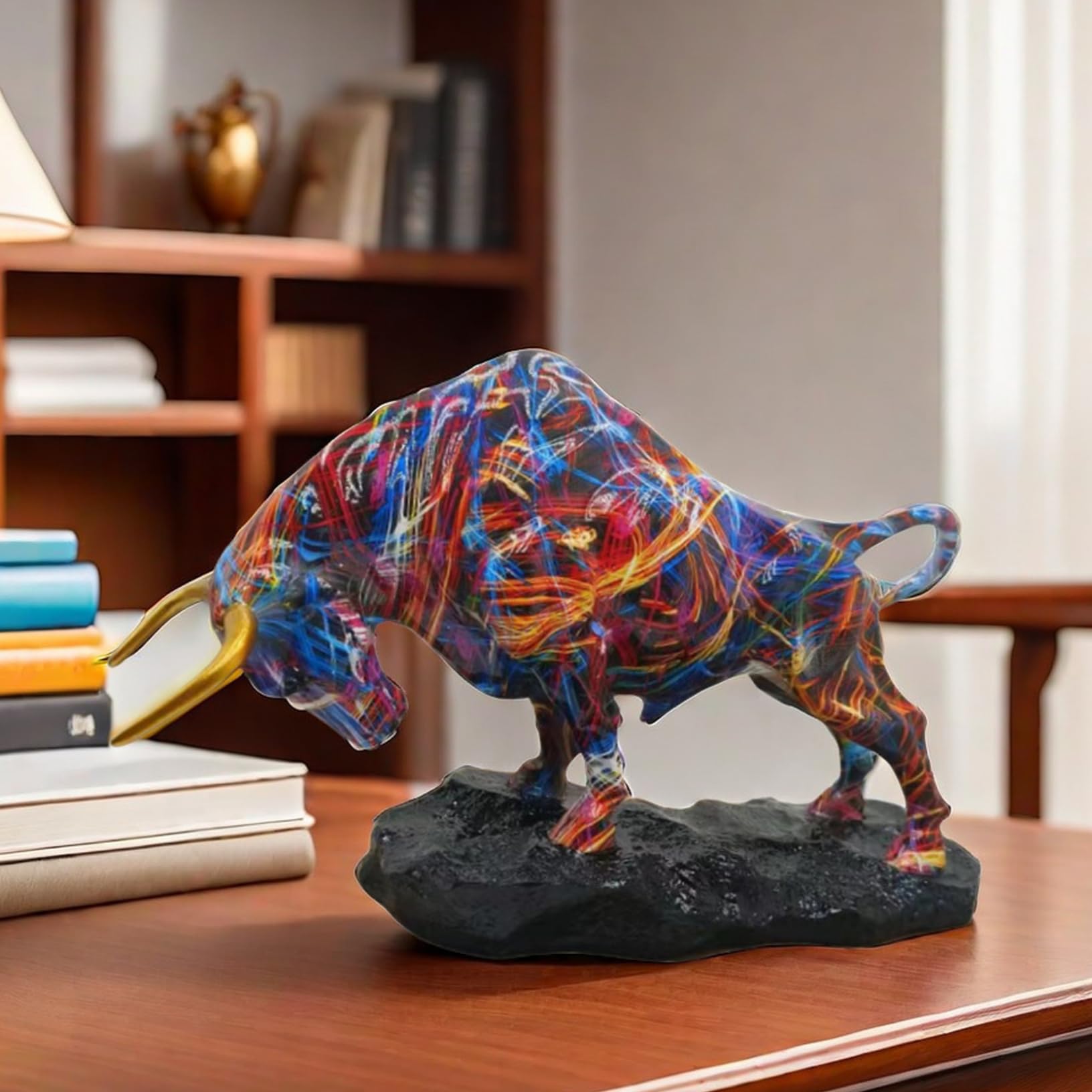 Statue de Taureau, Figurine de Taureau Bleu Rouge doré Vibrant pour la décoration Bureau à Domicile, Sculpture Animale Moderne en résine pour étagère Salon, utilisée à la Maison