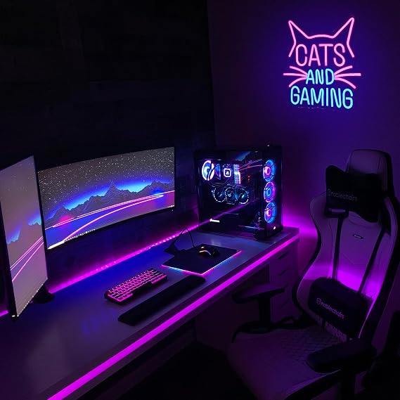 Cats Gaming Neon Sign Gamer Neon Light Sign Cat LED Light Sign Pink Blue Gaming Cat Neon Sign for Gaming Video Room Gamer Decor Gamer Teen Birthday
