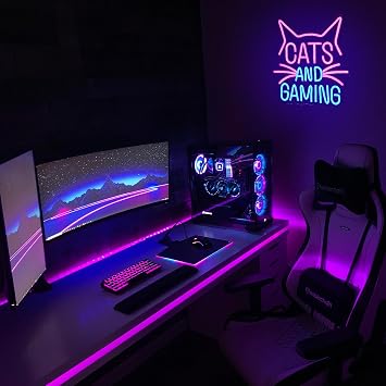 Cats Gaming Neon Sign Gamer Neon Light Sign Cat LED Light Sign Pink Blue Gaming Cat Neon Sign for Gaming Video Room Gamer Decor Gamer Teen Birthday