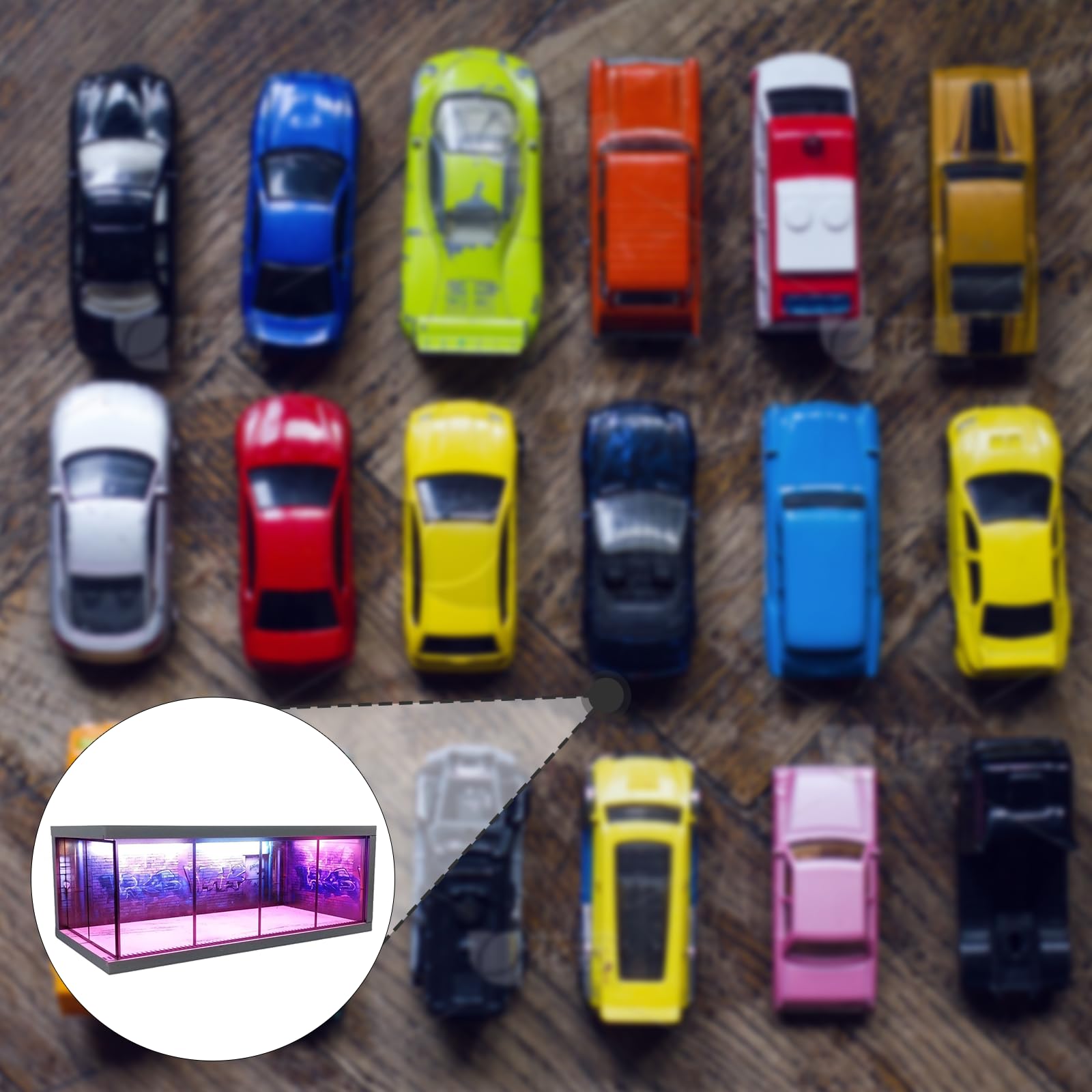 Vitrine für 1/64 Modellautos Aus Druckguss mit Parkplatzszene, Vitrine für, B