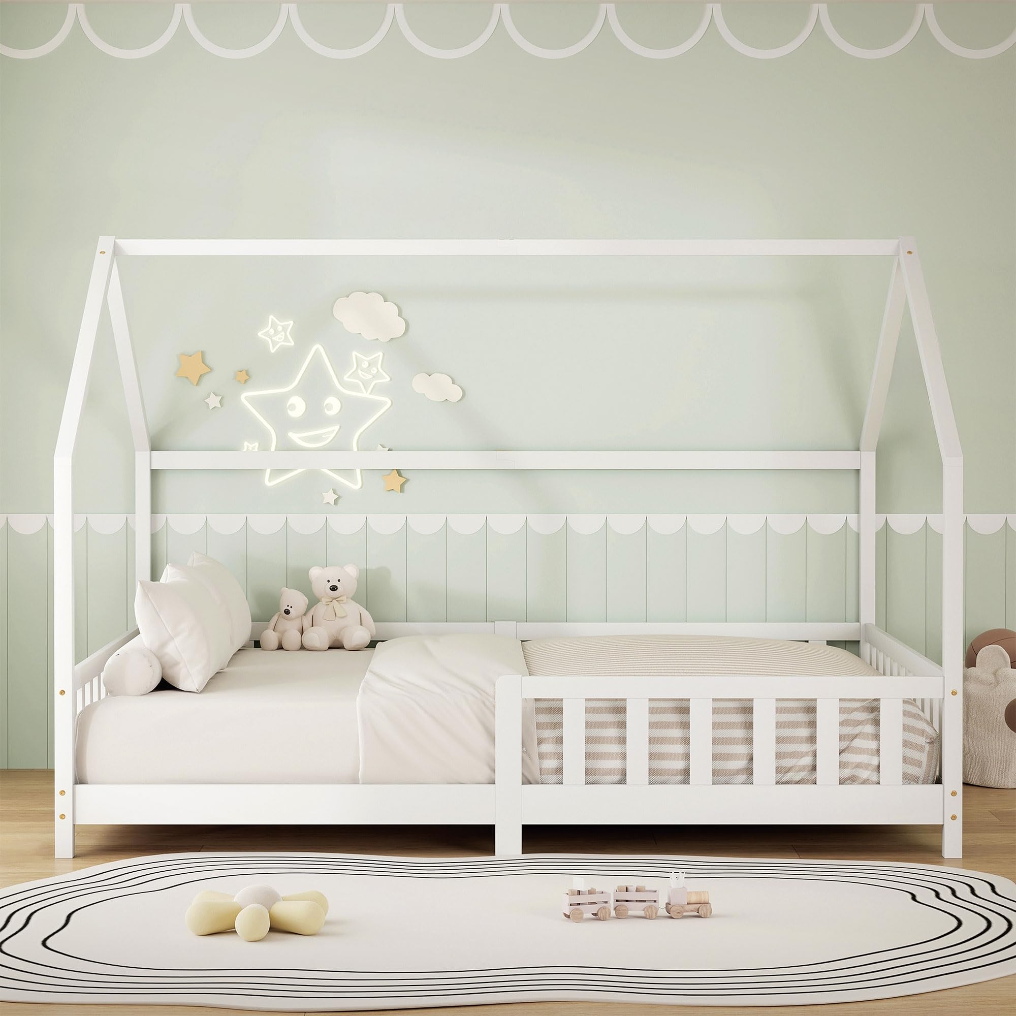 ML-Design Cama Infantil 140x200cm Blanco, con Protección Anticaída, Techo y Somier, Estructura Listones de Madera de Maciza de Pino Lecho Doble Montessori Forma de Casa Mobiliario Juvenil, para Niños