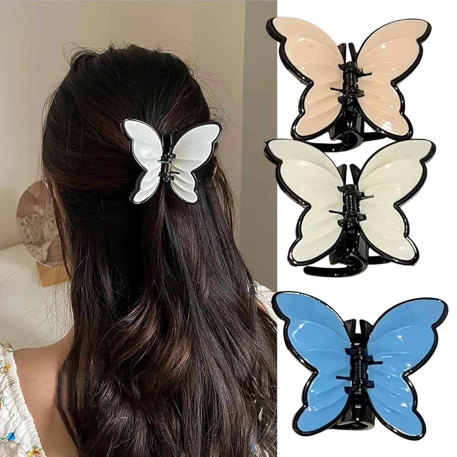 3 Pcs Butterfly Hair Claw, Fairy Acrylic Butterfly Shark Clips Strong Hold Non-Slip Claw Clips Hair Accessories for Thick Thin Hair Barrettes for Women(3 Colors) - Image 2