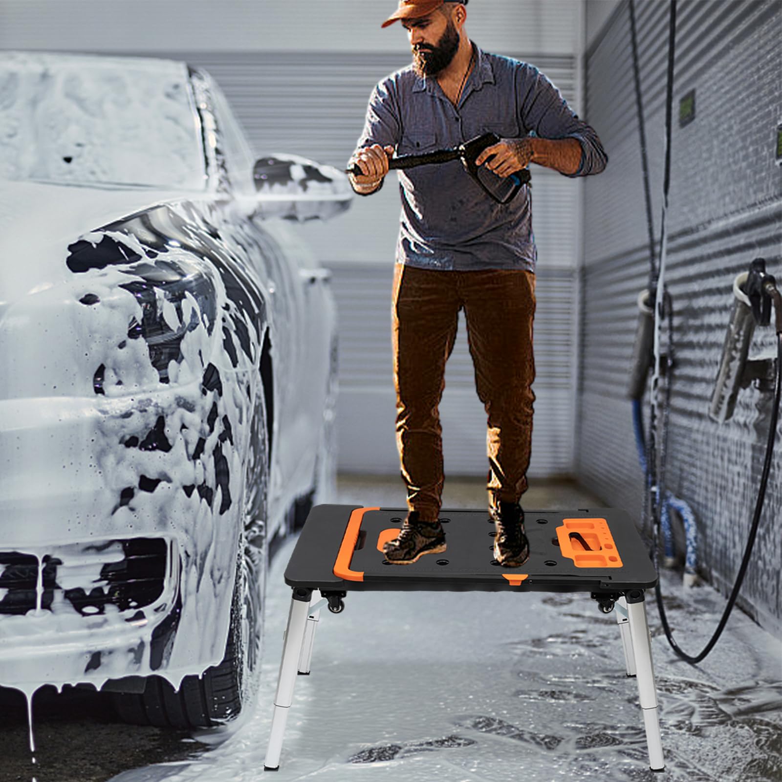 Banco de trabajo plegable 7 en 1 mesa de trabajo plegable multifunción carro de transporte ajustable en altura plataforma de trabajo carro de garaje mesa de trabajo carro de taller,adecuado para