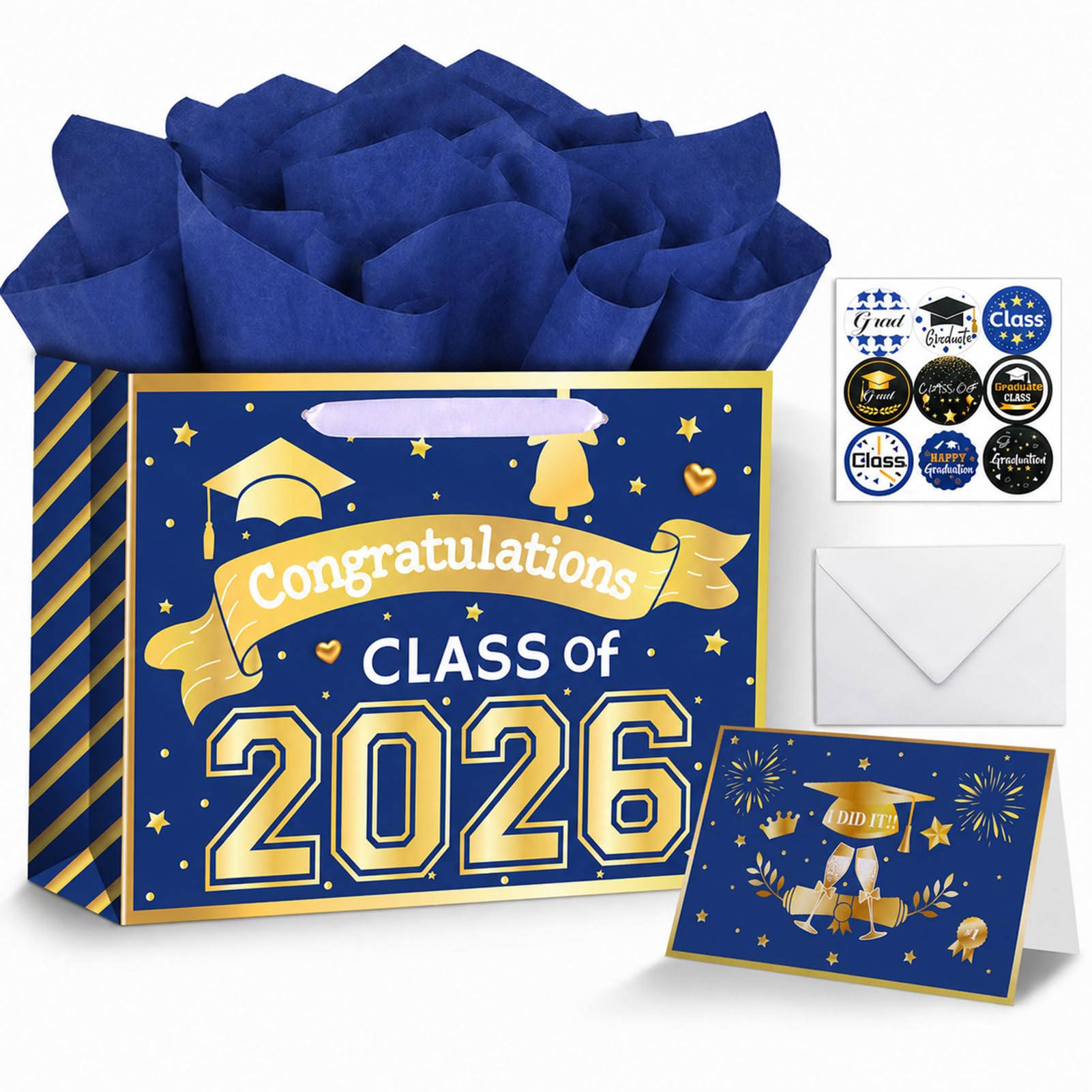 Konsait 13" Large Graduation Gift Bags, Blue Class of 2026 Graduation Bags with Tissue Paper and Greeting Card for Gift Wrapping, Celebrations, Parties & More