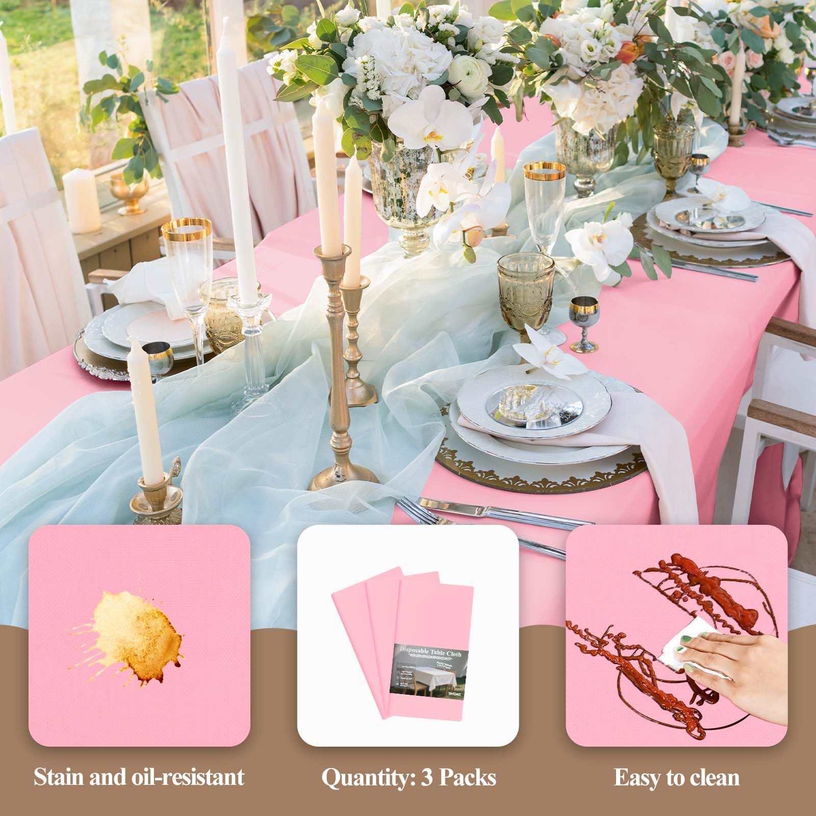 Tovaglia In PVC Rosa 137 X 180 Cm, Tovaglia In Plastica Lavabile, Rettangolare, Resistente Alle Macchie, Impermeabile, A Prova Di Olio, Per Feste, Banchetti, Cucina, Picnic, All'aperto, Interni - 3
