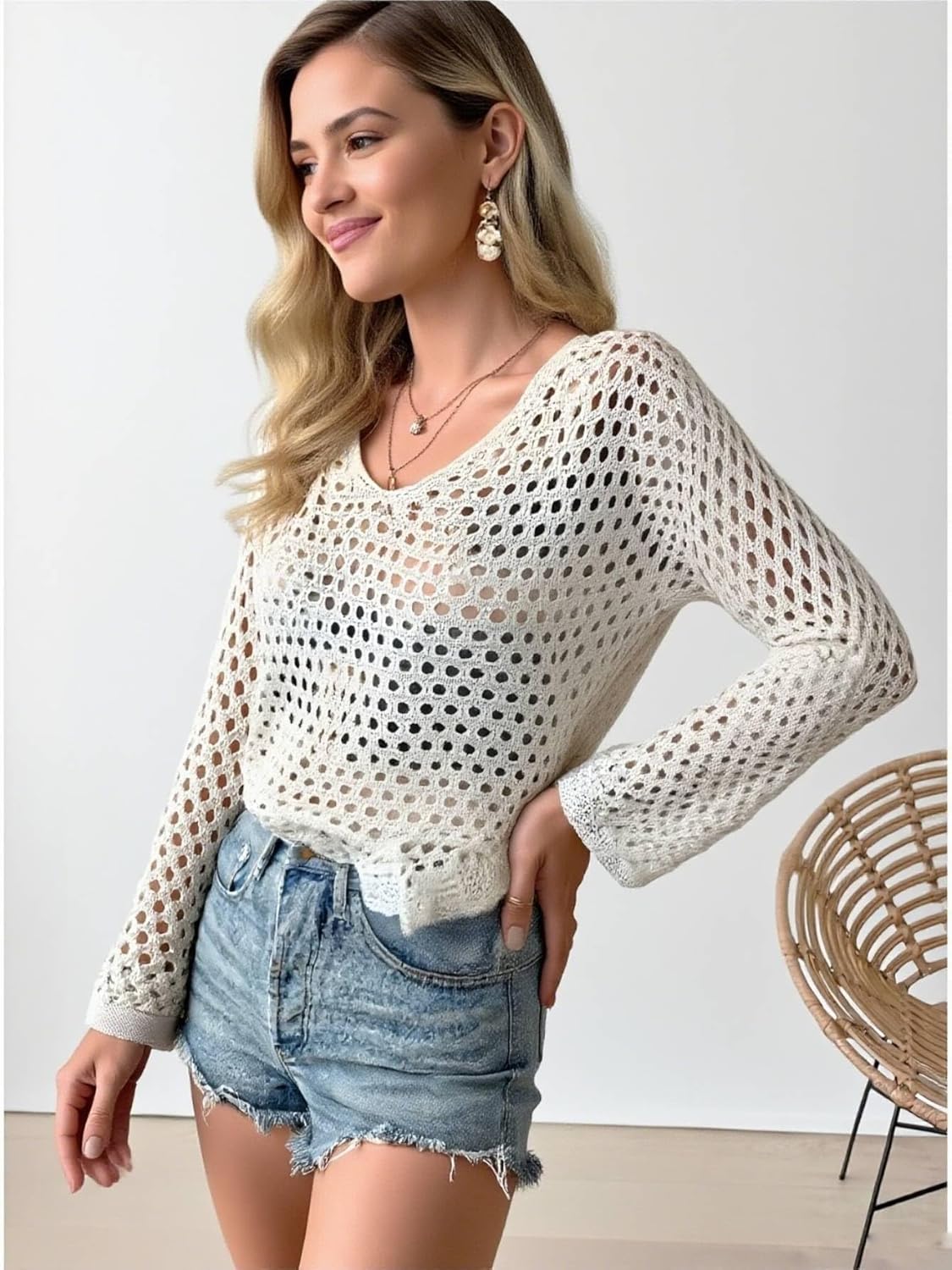 OYOANGLE Women's Hollow Out Oversized Crochet Knit Tops Long Sleeve V Neck Sheer Pullover Sweater - Image 3