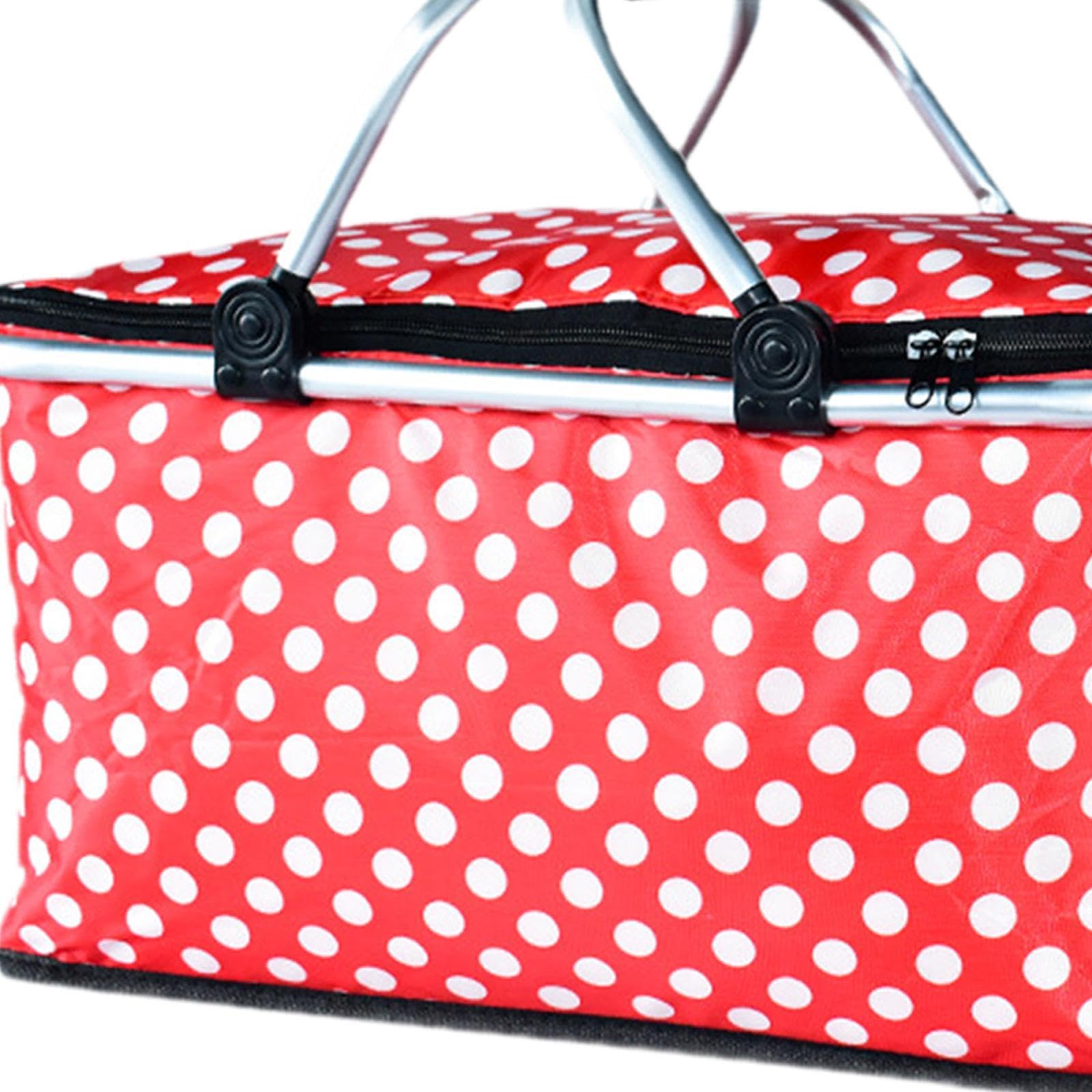 Bolsa Isotérmica Tipo Cesta de Picnic con Forro Impermeable, Térmica Plegable para Viajes, Senderismo Y Acampada, Punto Rojo