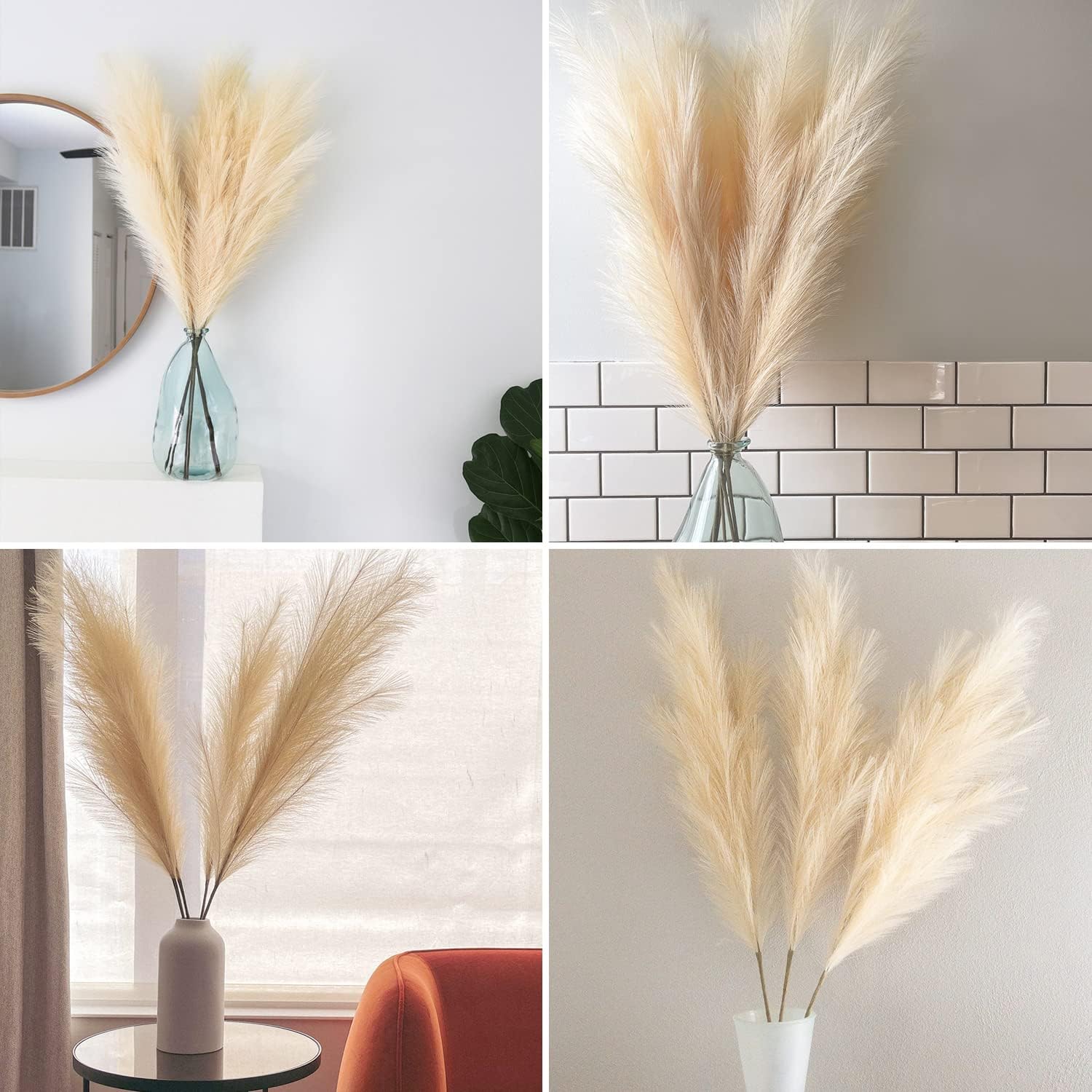 6 Pcs Faux Pampas Grasses Fluffy 39inch Artificial Pompass Grass Decor Tall Bulrush for Wedding Decor, Extra Large Fake Fluffy Flower Decoration for Home Boho Decor, Cream Beige
