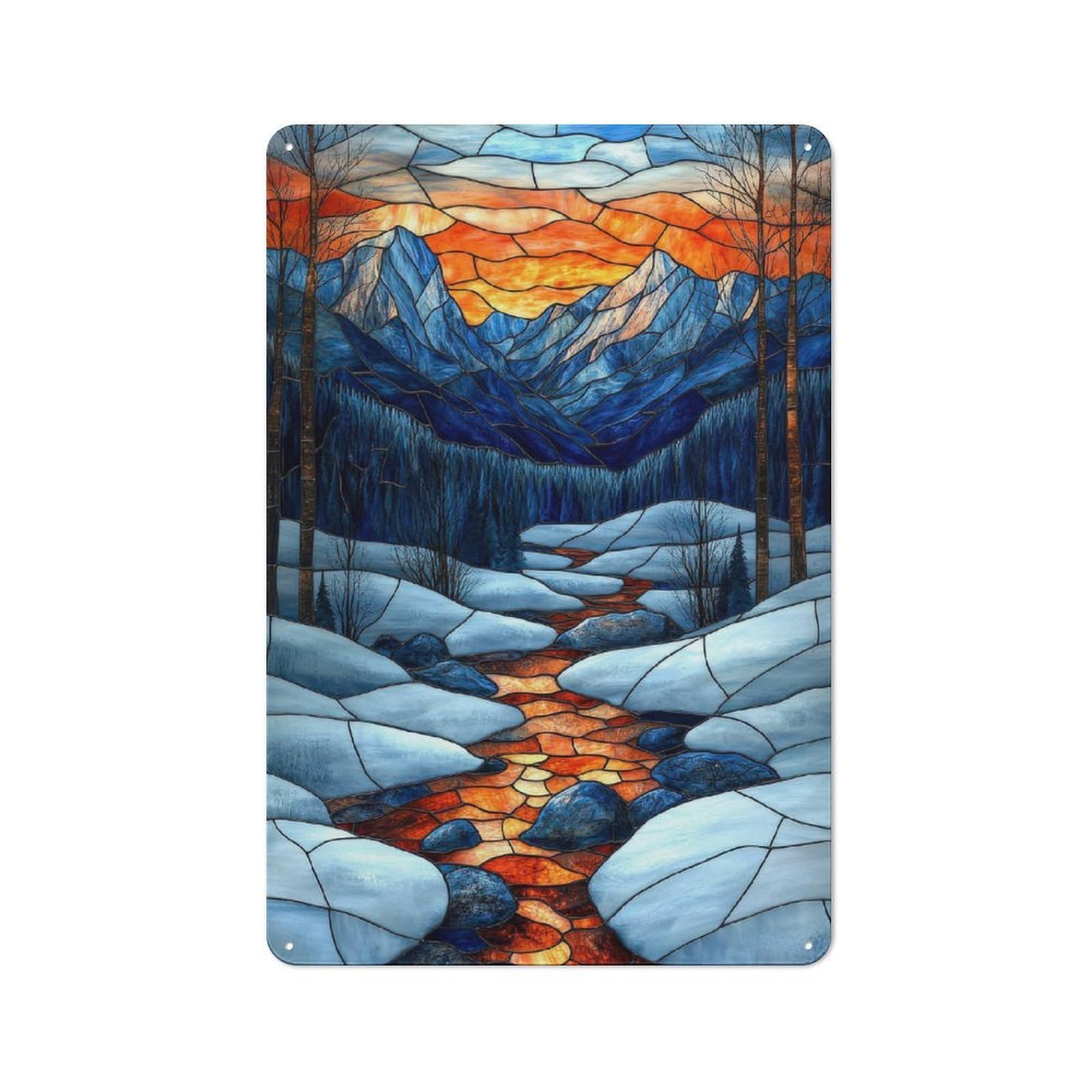 Junmoney Stained Glass Mountain Stream Printed Metal Sign 30X20cm For Café Or Restaurant, For Hospitality Interior Collectors