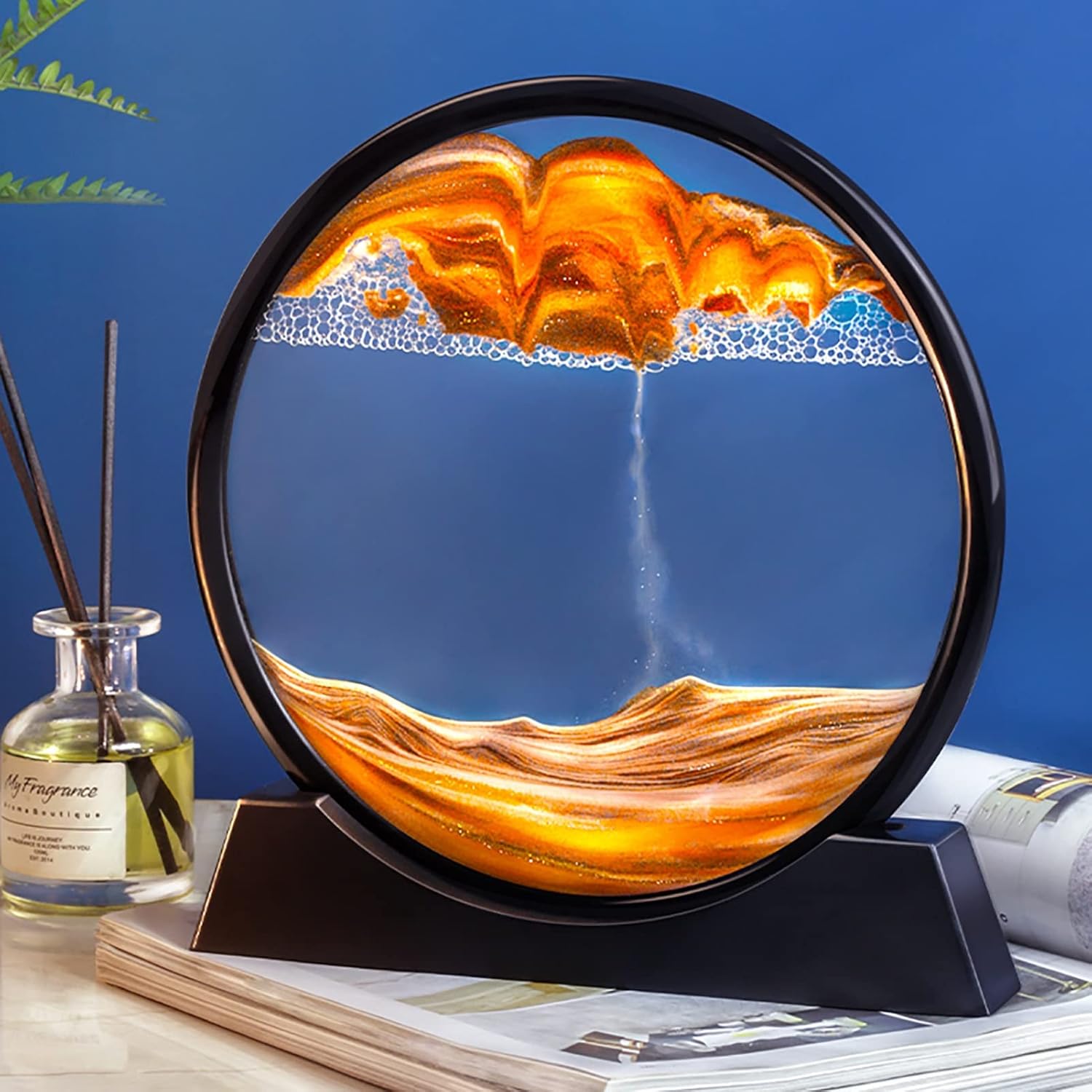 Flowing Sand Painting Moving Sand Art Picture,Dynamic 3D Natural Landscape Quicksands Painting Round Glass Sand Frame,Sand Painting Kit Desktop Art Home Ornament (Color : Blue, Size : 7inch)