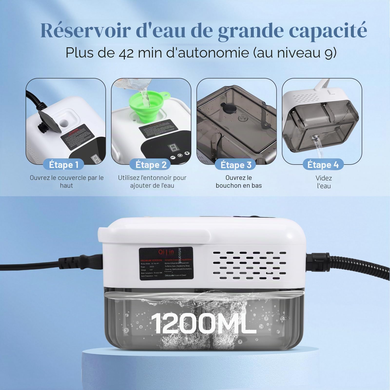Nettoyer à Vapeur, 2500W Nettoyeur Vapeur Professionnel avec 6 Têtes 1200ML Réservoir d'eau de Grande Capacité, Nettoyage Vapeur pour le Nettoyage, Canapés, Carrelage, Voitures