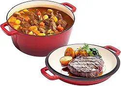 Alathote Forno holandês de ferro fundido esmaltado 2 em 1 com tampa de 9 litros | Alças duplas grandes | Seguro para forno até 260 °C | Panela redonda clássica de ferro fundido para cozinhar versátil - Vermelho