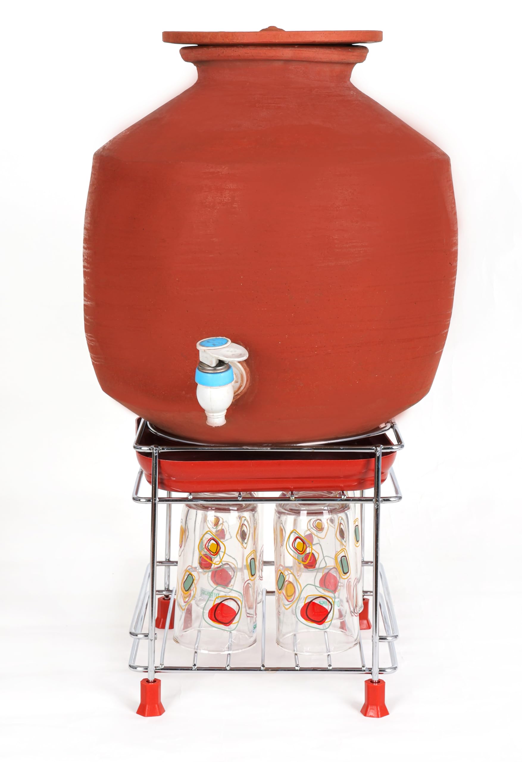 FIT N FORGET Heavy stainless steel three in one Matka Stand with plastic tray Plant stand gamla stand with glass stand plant stand With 4 Heavy legs(for round surface matka)(8 inch)
