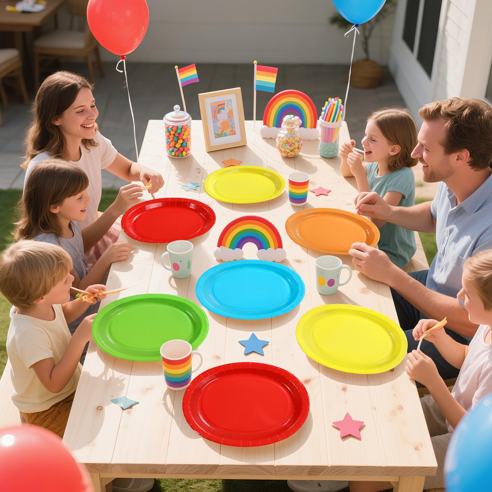 Grencian Bunte ovale Pappteller, 25,4 x 30,5 cm, groß, einfarbig, Regenbogen-Partyteller, 5 klassische Farben, robuste mexikanische Einwegteller für Fiesta, Karneval, Neon, Geburtstag, Weihnachten