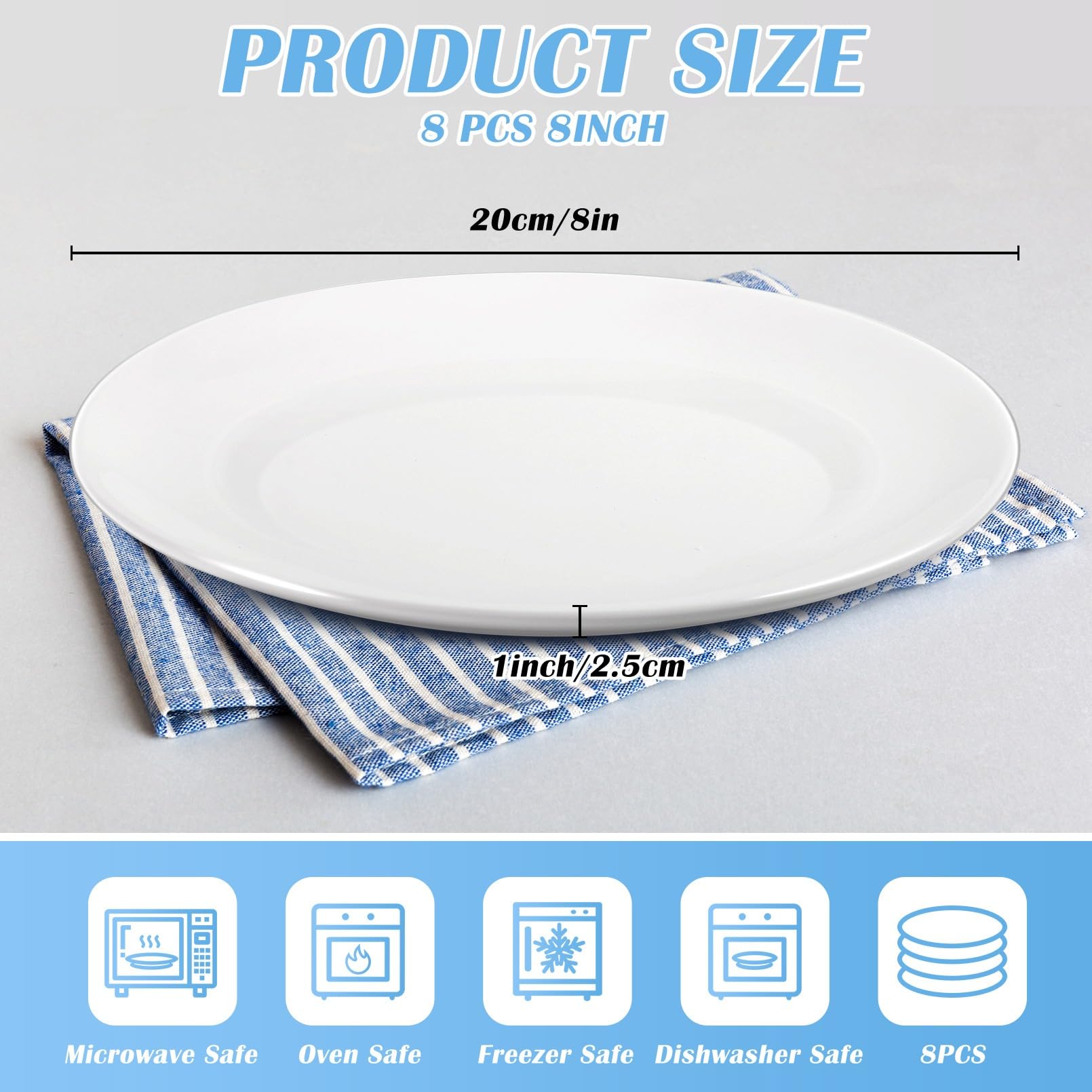 Lot de 8 assiettes plates blanches de 20,3 cm, assiettes à salade en porcelaine, assiettes à dessert en céramique, passent au micro-ondes et au lave-vaisselle