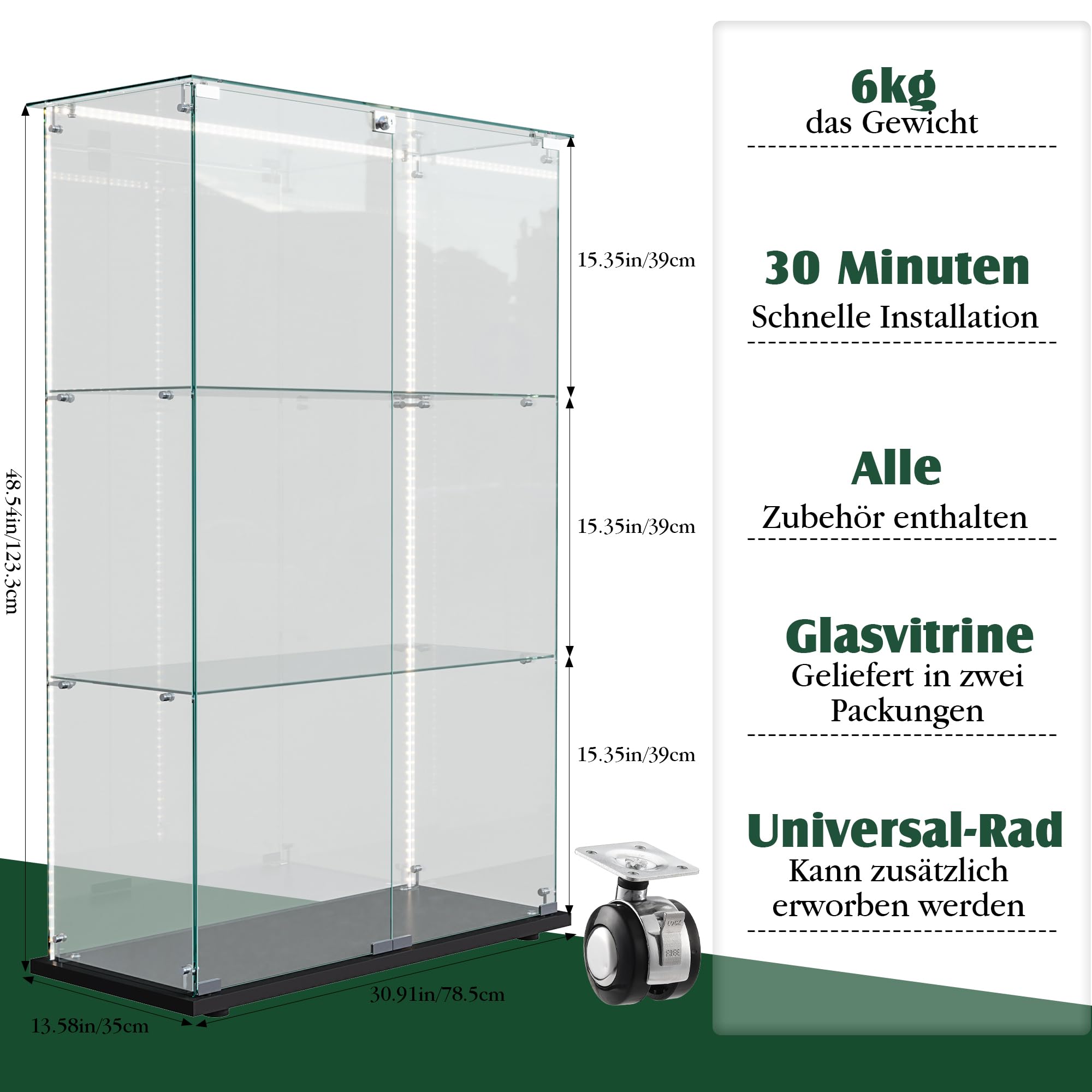 Vitrina de cristal con iluminación LED, armario de vitrina con cerradura, vitrina de cristal a prueba de polvo para colecciones, vitrina de pie para salón, dormitorio, oficina (negro+barra de luz+2