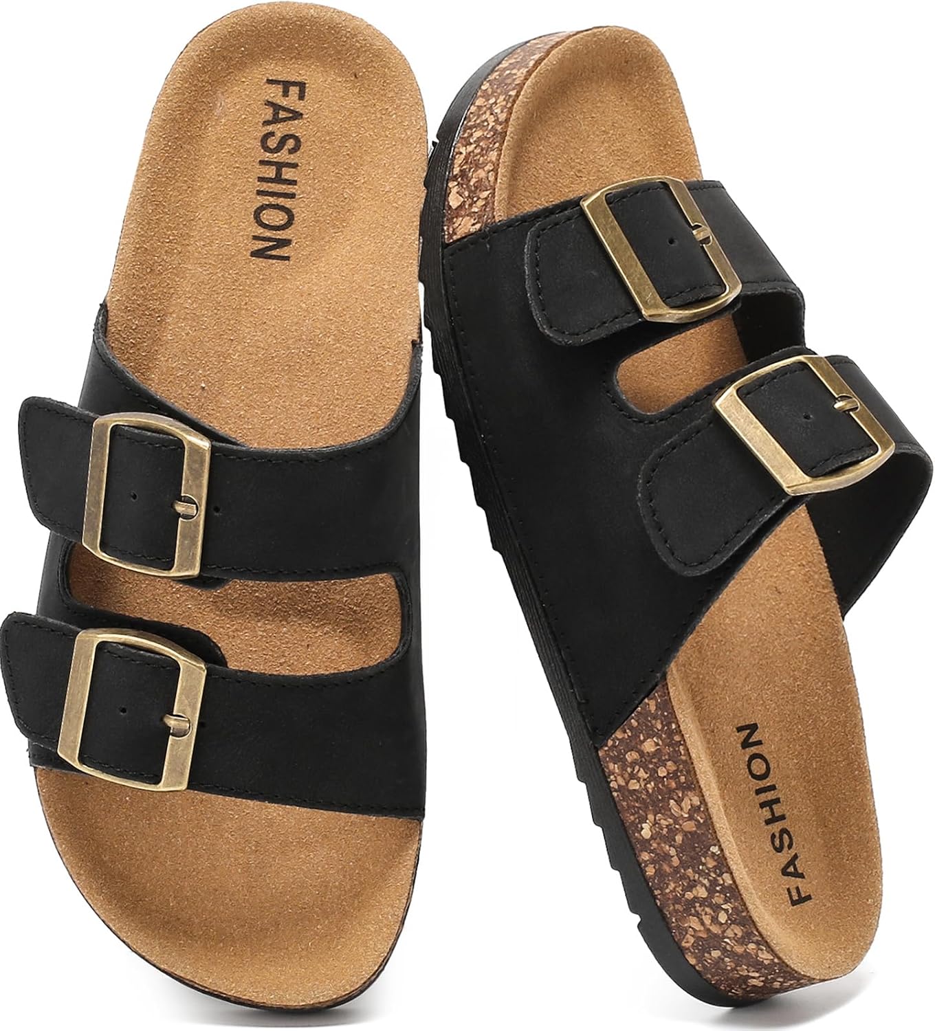 Women's Cork Footbed Sandals – Comfortable Summer Slides with Memory Foam & Arch Support, Adjustable Double Buckle Sandals for Vacation & Outdoor Wear