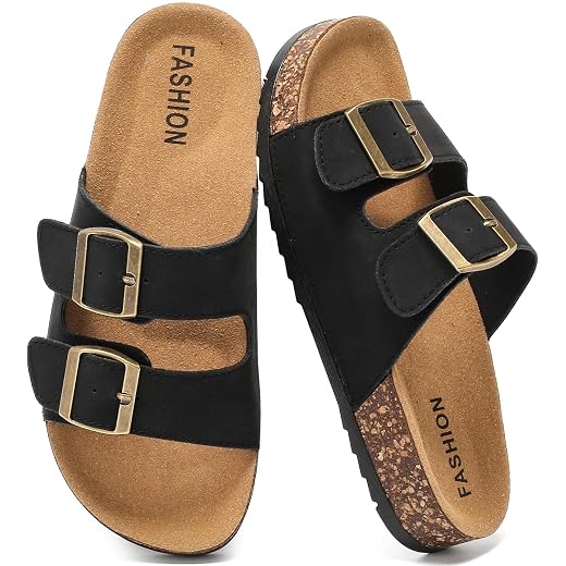 Women's Cork Footbed Sandals, Arch Support Adjustable Double Buckle Slides