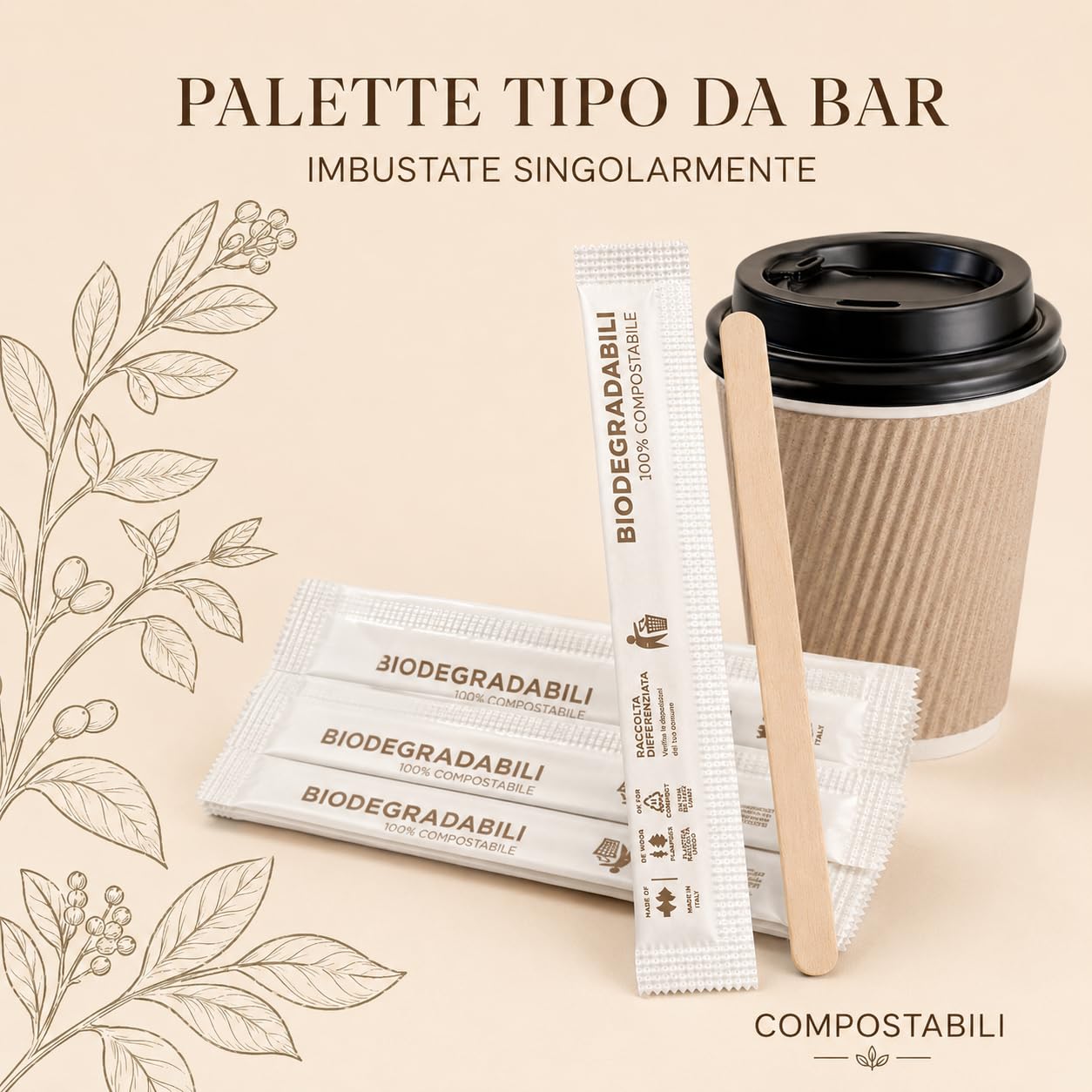 1000 Palette Caffè Monouso in Legno Confezionate Singolarmente, Palettine Biodegradabili, Compostabili e Resistenti al Calore, per Girare Zucchero Bevande e Caffè nei Bicchierini