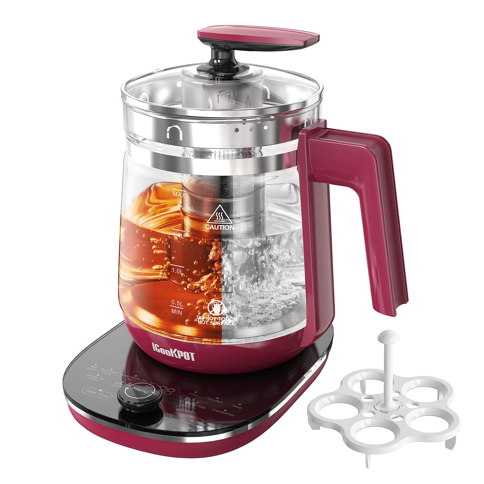 Hot Tea Maker Glass Electric Kettle with Tea Infuser and Temperature Control,1.5L Stainless Steel Tea Maker & 1200W Rapid Boiling,Programmable Control for your Favorite Teas and Coffee,Red