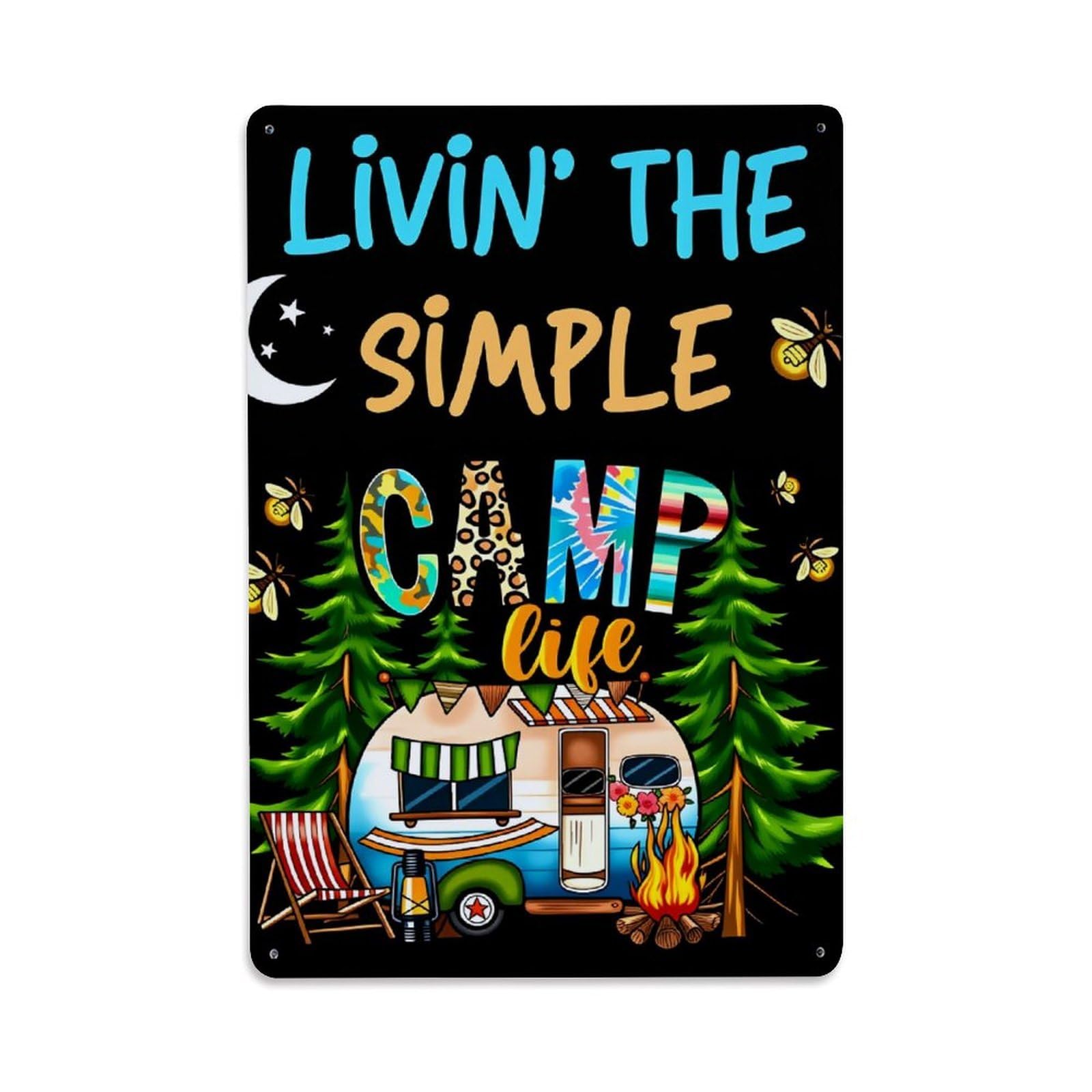 Campfire Trailer Trees Moon Stars Vintage Tin Sign Retro Metal Wall Decor Metal Poster, Home Bar Garage Farmhouse Cafe Wall Art Decoration 8x12Inches