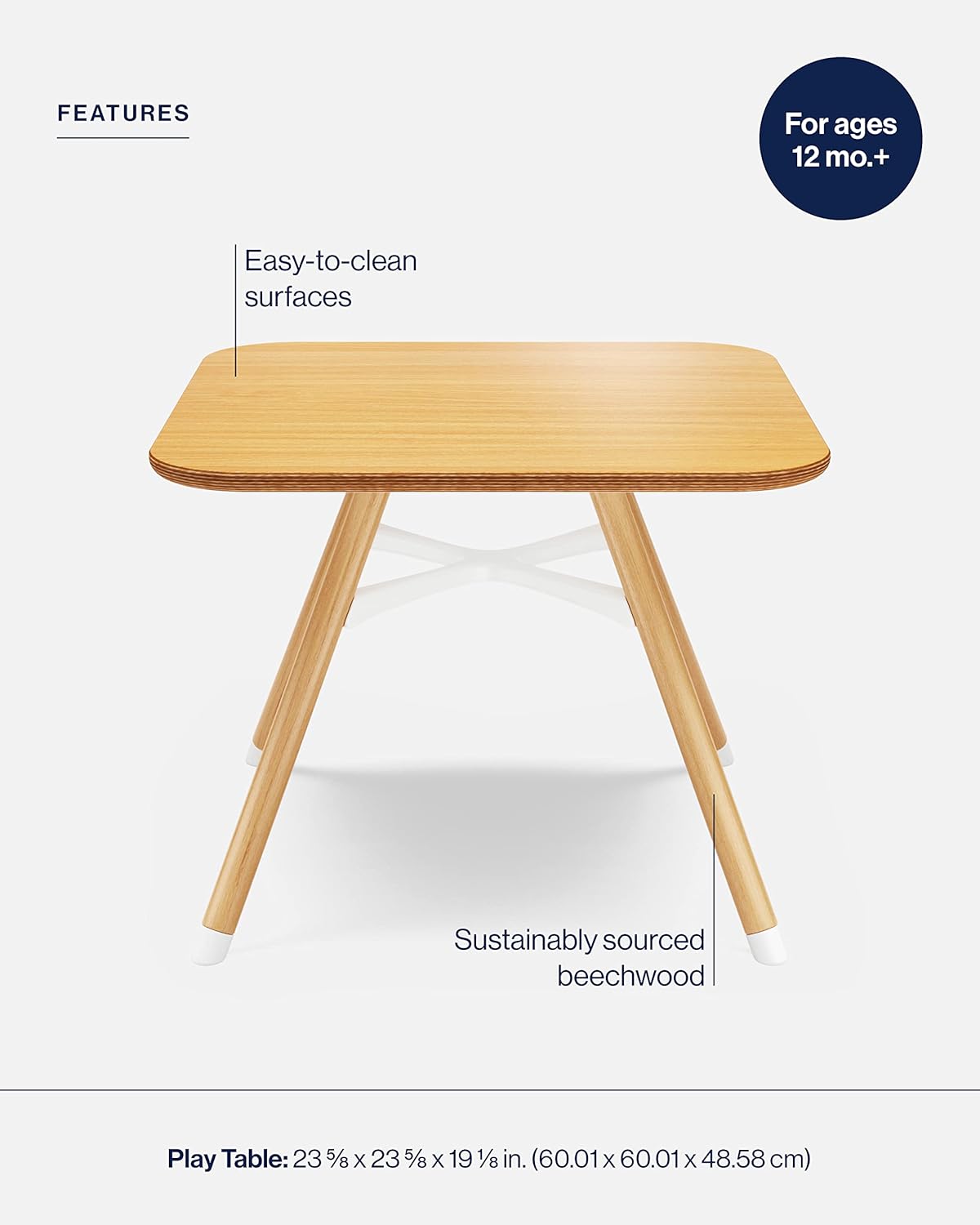 Lalo The Play Table, Wooden Preschool Table and Kids Activities with Easy to Clean Surface - Quick & Easy Set Up - Safe and Secure, 23 ⅝ x 23 ⅝ x 19 ⅛ in - Natural