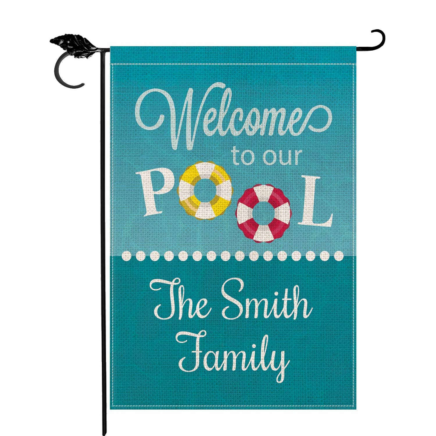 SMILE Personalized Garden Flag, Welcome to our pool Customized Family Name, Double Sided 12 x 18 Inch Rustic Farmhouse Burlap Yard Outdoor Decoration