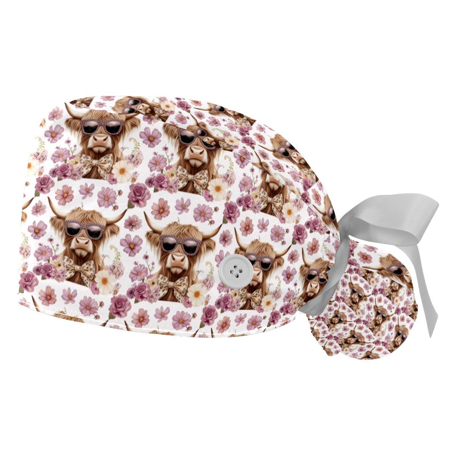 2 PCS Bouffant Cap with Button Ponytail Pouch Working Cap Sweatband Adjustable Surgical Cap Black and White Cow