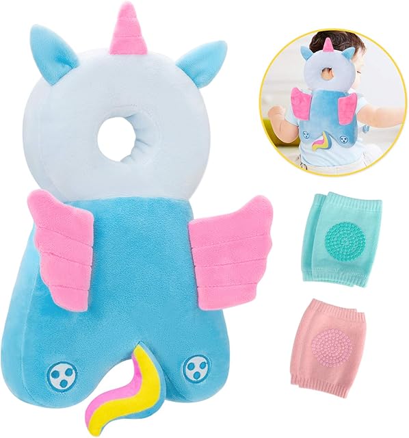 Baby Head Protector and Baby Knee Pads for Crawling,Toddler Baby Walking Head Protection Safety Pads, Adjustable Infant Cushion Backpack for Baby Walkers (Angel & Pink & Blue, 4-24 Months)