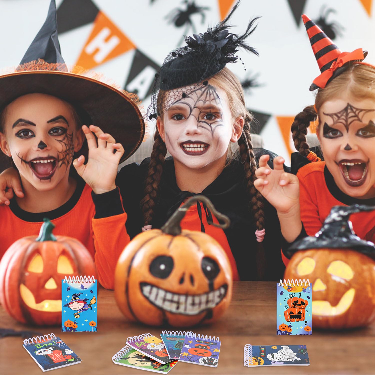 LOMIMOS Halloween-Notizblöcke, Spiralblock, Notizbuch, Mama, Kürbis, Skelett, Geist, Süßes oder Saures für Kinder, Schule, Klassenzimmer, Partygeschenke, 8 Designs, 24 Stück