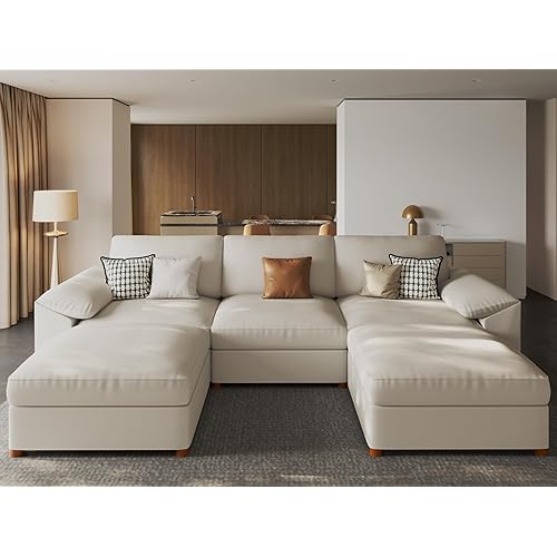 EASE MOOSE Oversized Modular Sectional Sofa,Leather Sectional Couch with Deep Seat,Extra Large U Shaped Couch,Faux Leather Material Sofa Modern Comfy Scratch Resistant,Beige