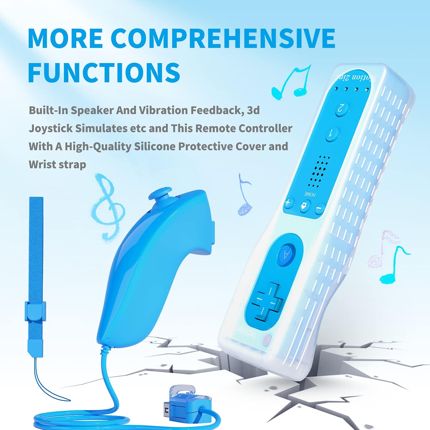 TechKen Manette de Wii avec Nunchuck, Télécommande Controller Motion Plus Intégré, Étui en Silicone et Dragonne (Bleu+Rouge)