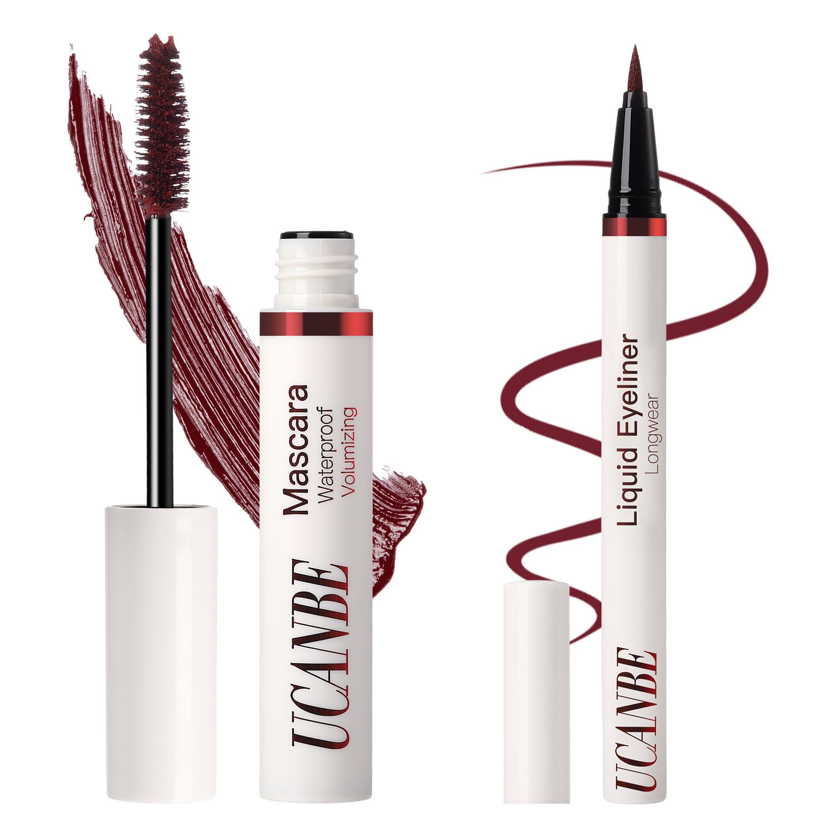 UCANBE Mascara Eyeliner Set, Wasserfeste Bunte Augenschminke - Mascara für Natürlich Aussehende, Lang Anhaltende, Geschwungene Wimpern, Eyeliner für Wischfeste, Farbechte Ergebnisse (Beerenrot)