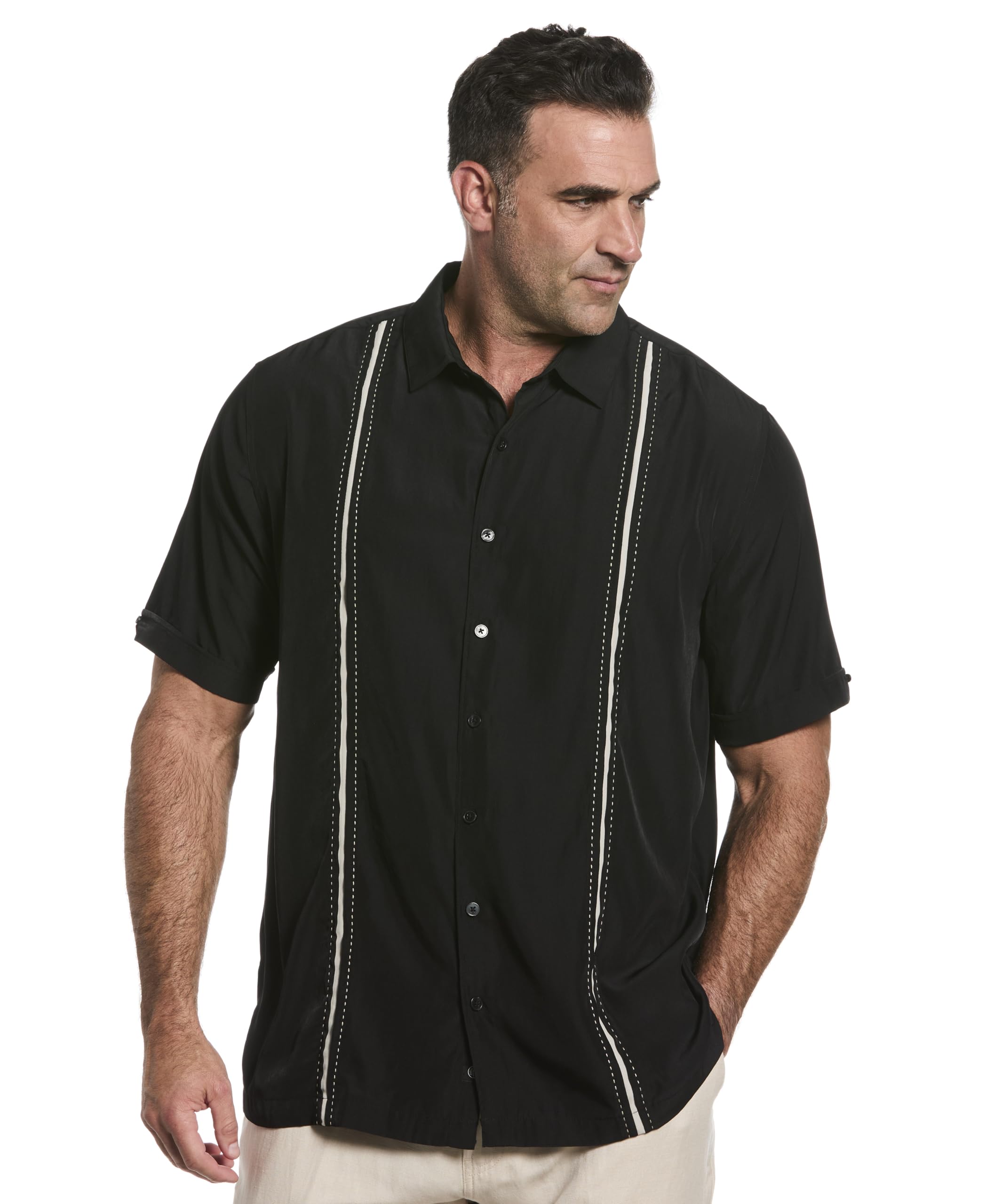 Cubavera Men's Short Sleeve Insert Panels with Pick Stitch Shirt, Jet Black, 3XL Big