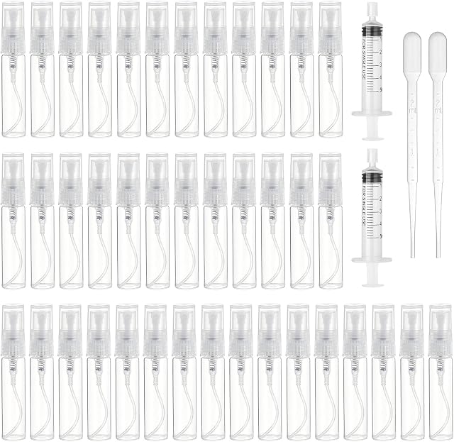 40 sztuk rozpylaczy perfum, butelki z rozpylaczem, przezroczyste butelki z rozpylaczem perfum, podróżny rozpylacz zapachowy, do ponownego napełniania, z pipetą 2 ml i strzykawkami 5 ml do perfum,
