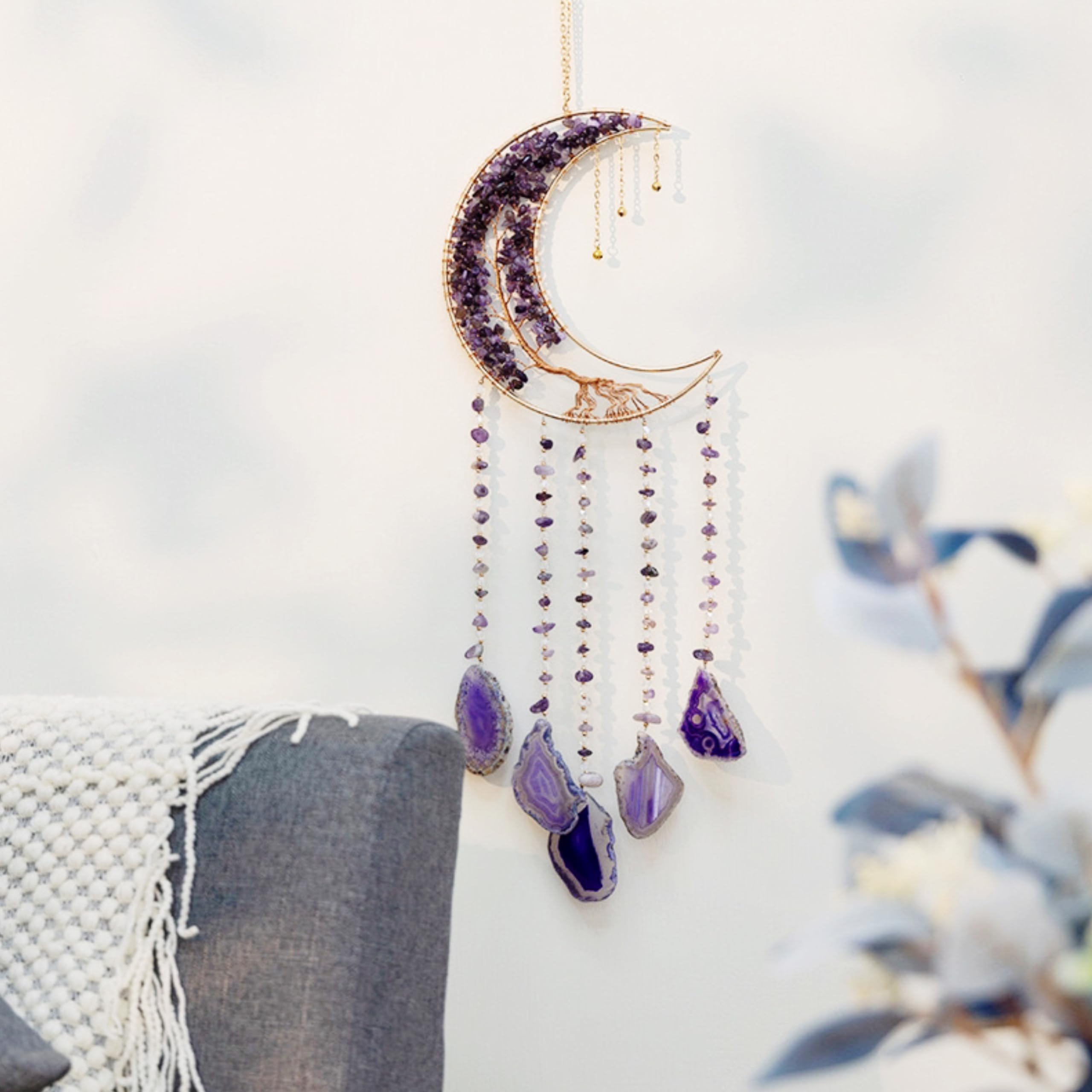 Attrape-rêves arbre de vie cristaux de lune violette agate naturelle décoration murale yoga fenêtres jardin intérieur